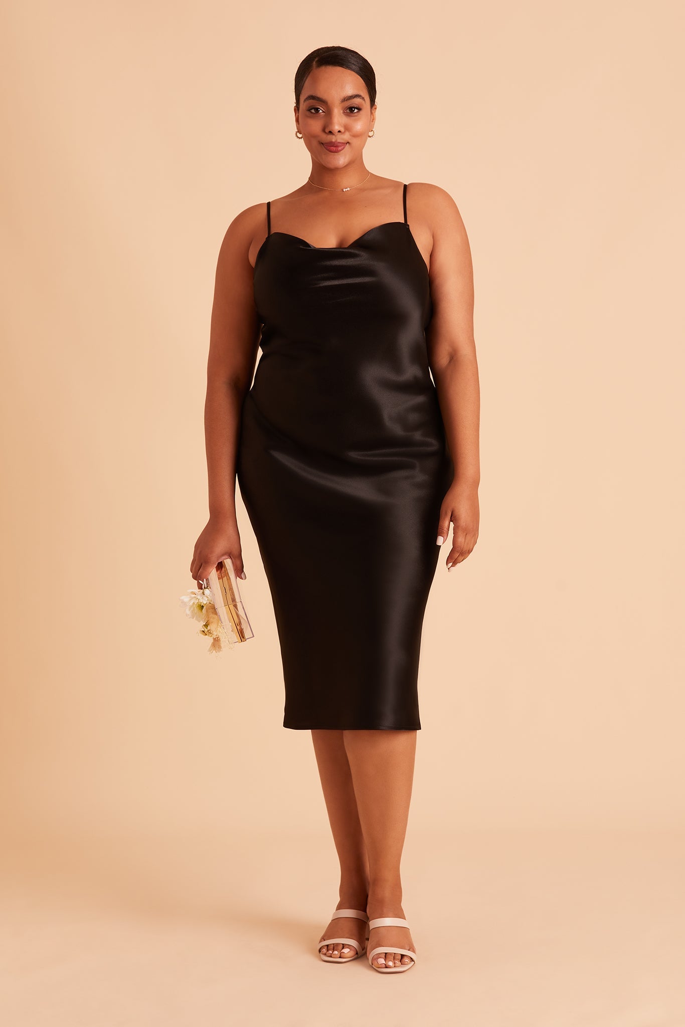 Lisa midi plus size bridesmaid dress in black satin by Birdy Grey, front view