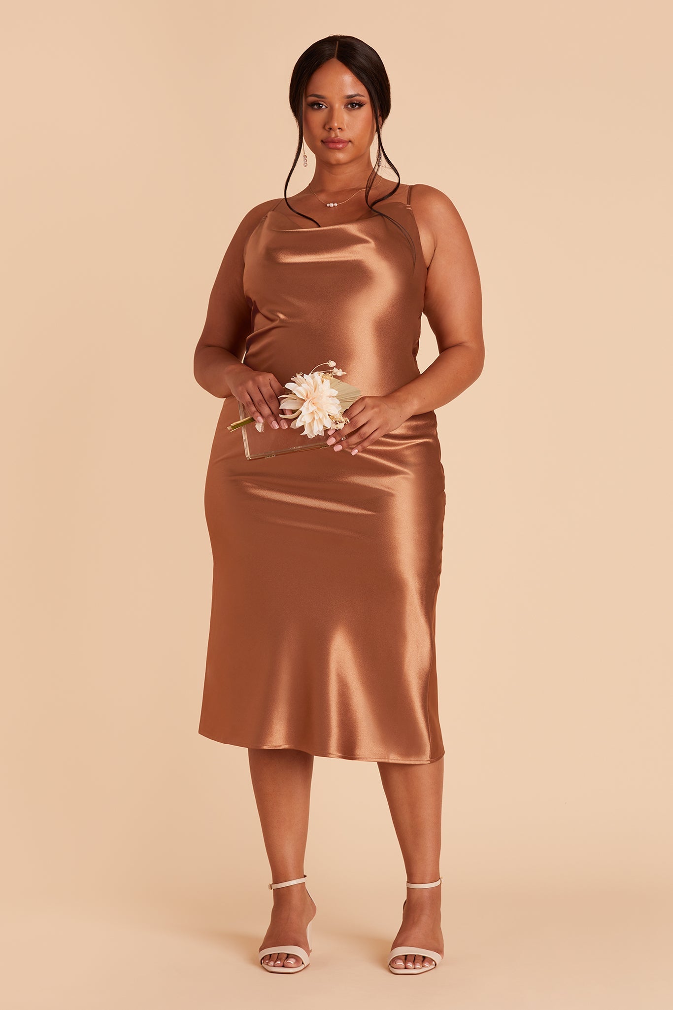 Lisa midi plus size bridesmaid dress in rust satin by Birdy Grey, front view