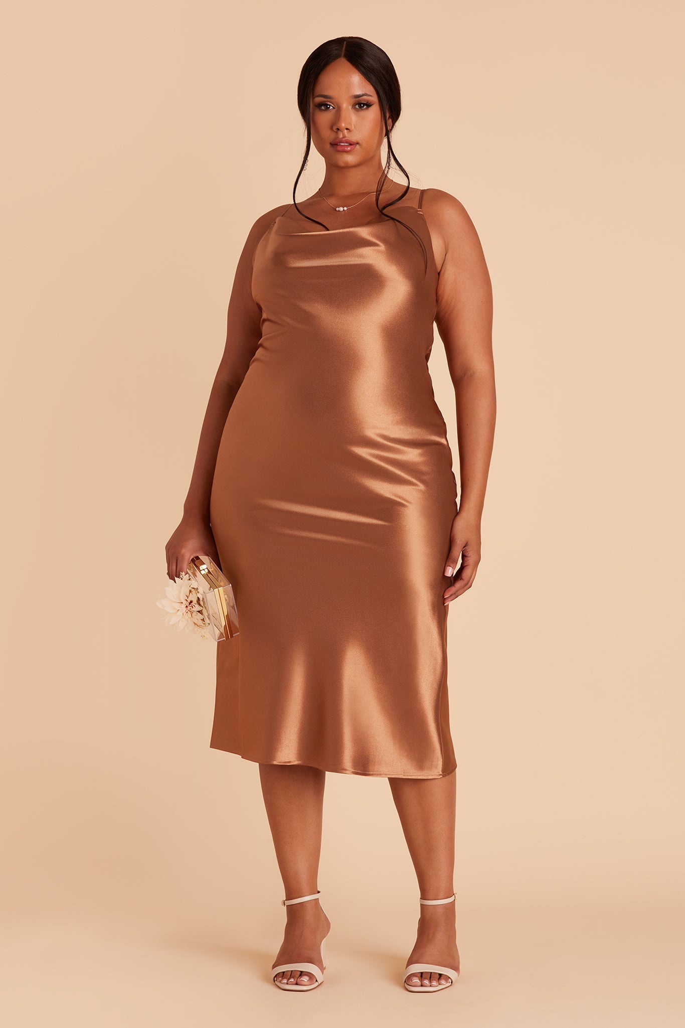 Lisa midi plus size bridesmaid dress in rust satin by Birdy Grey, front view