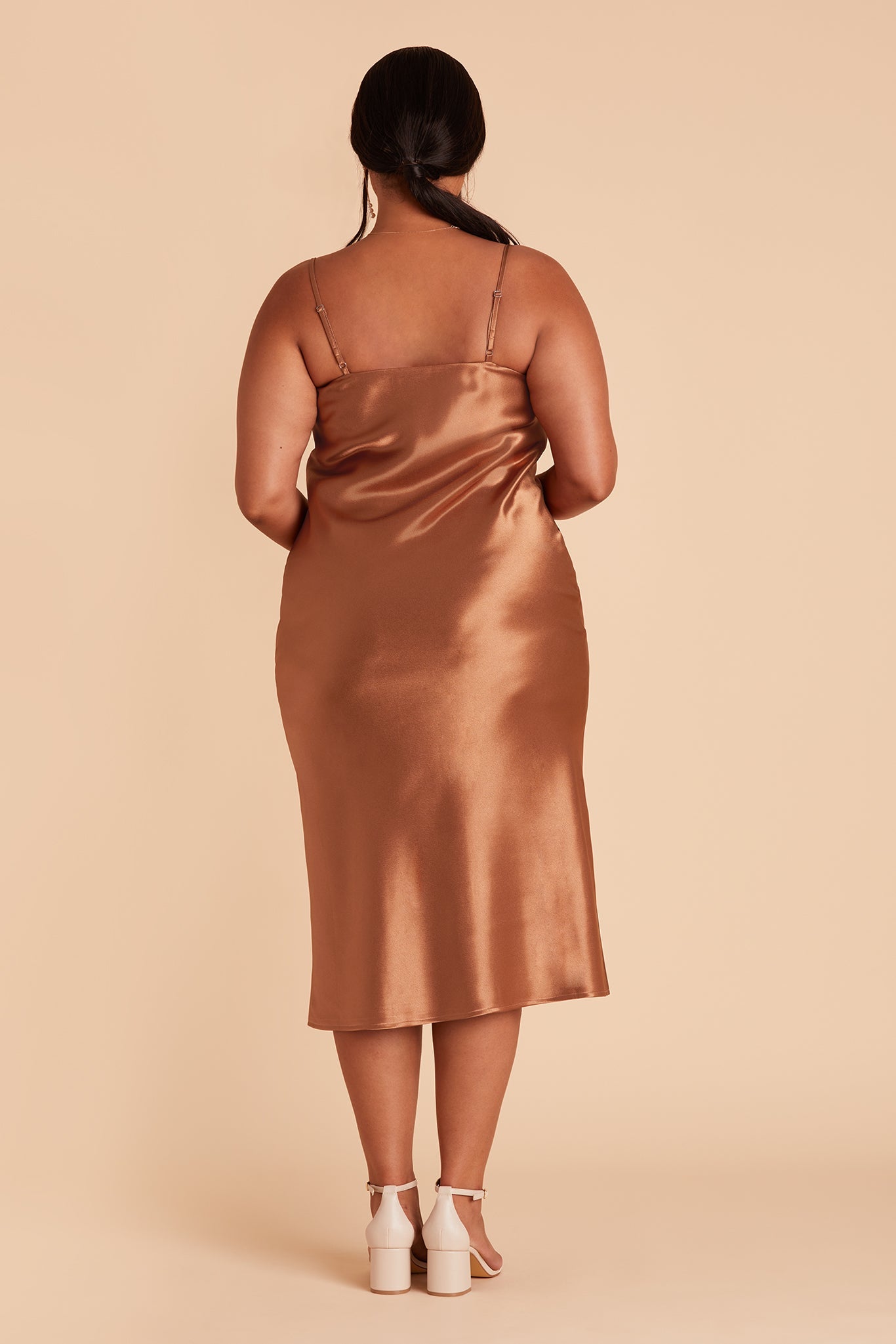 Lisa midi plus size bridesmaid dress in rust satin by Birdy Grey, back view