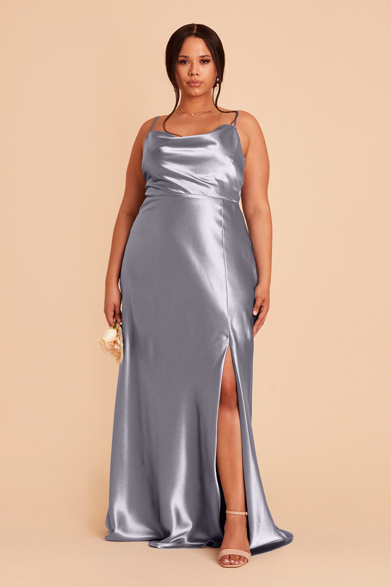 Lisa plus size bridesmaid dress with slit in dusty blue satin by Birdy Grey, front view