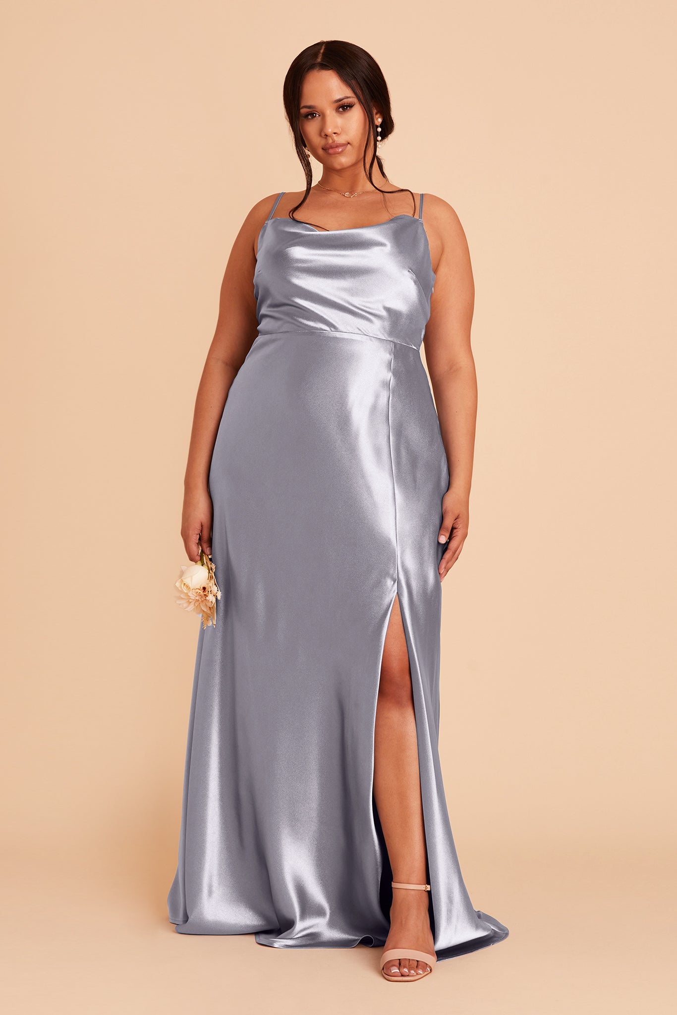 Lisa plus size bridesmaid dress with slit in dusty blue satin by Birdy Grey, front view