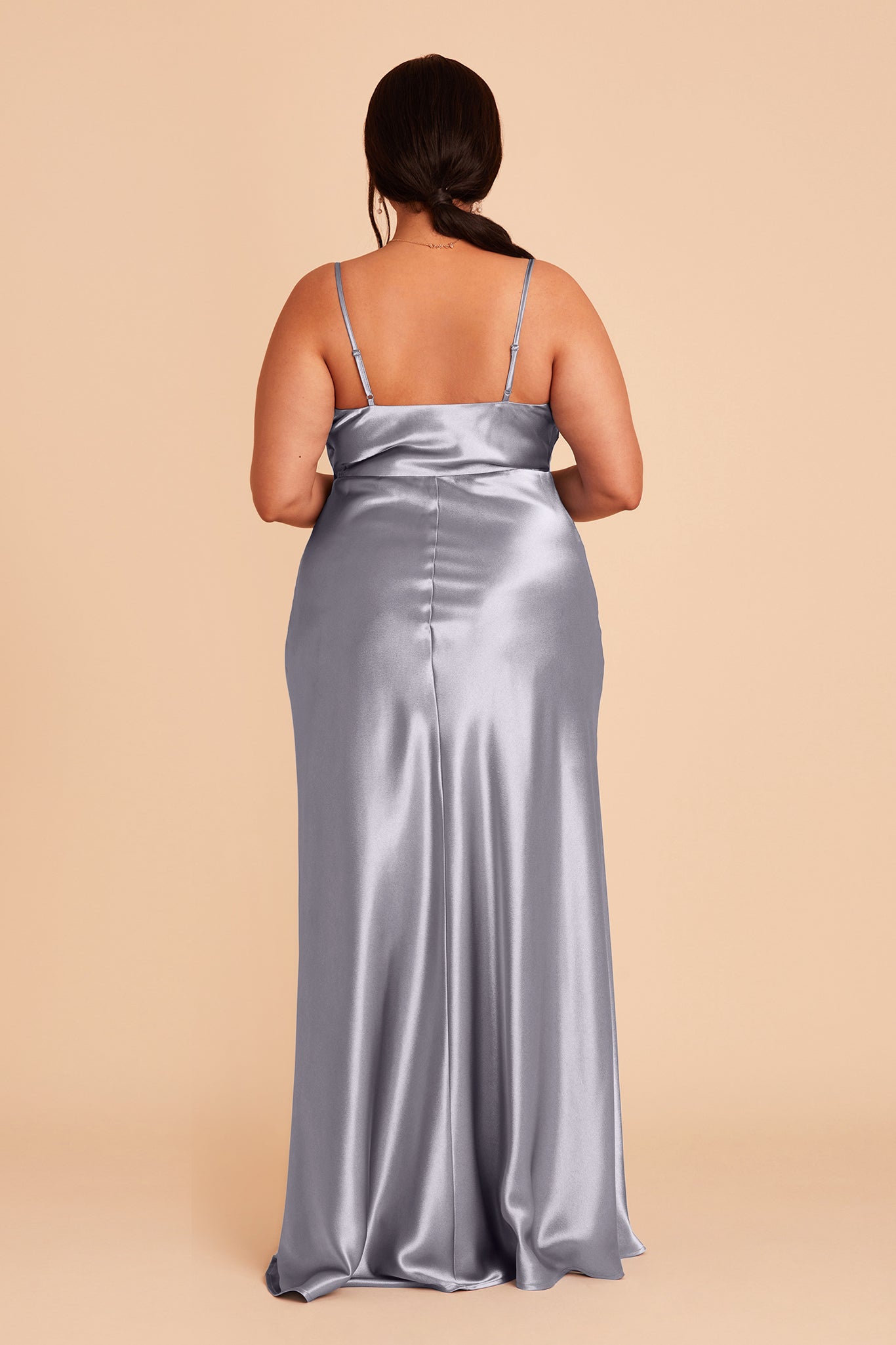 Lisa plus size bridesmaid dress with slit in dusty blue satin by Birdy Grey, back view