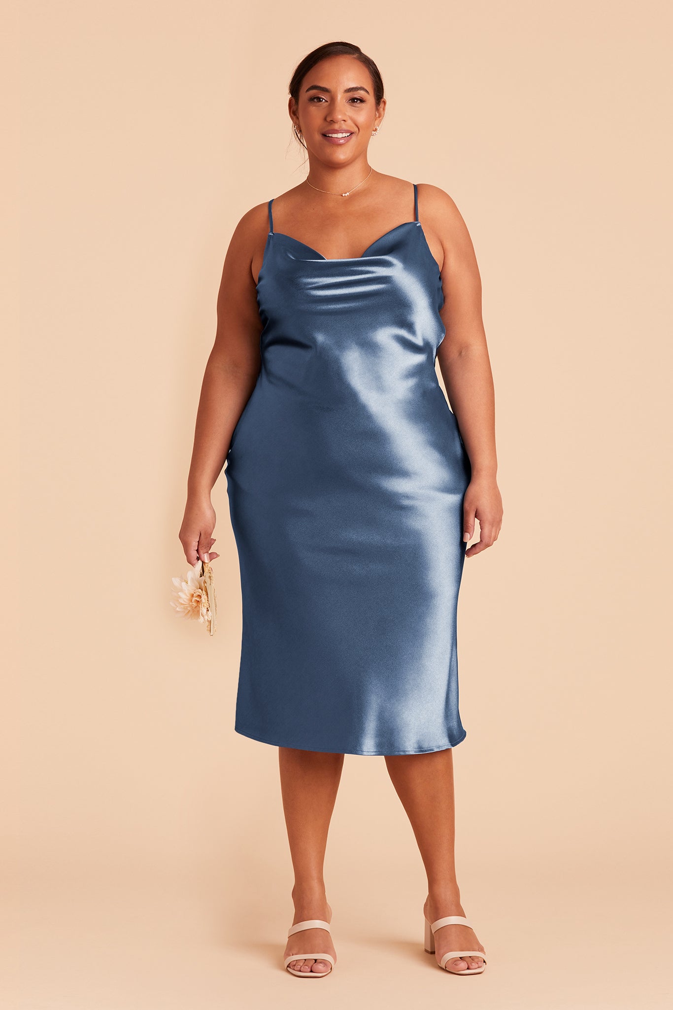 Lisa midi plus size bridesmaid dress in twilight satin by Birdy Grey, front view