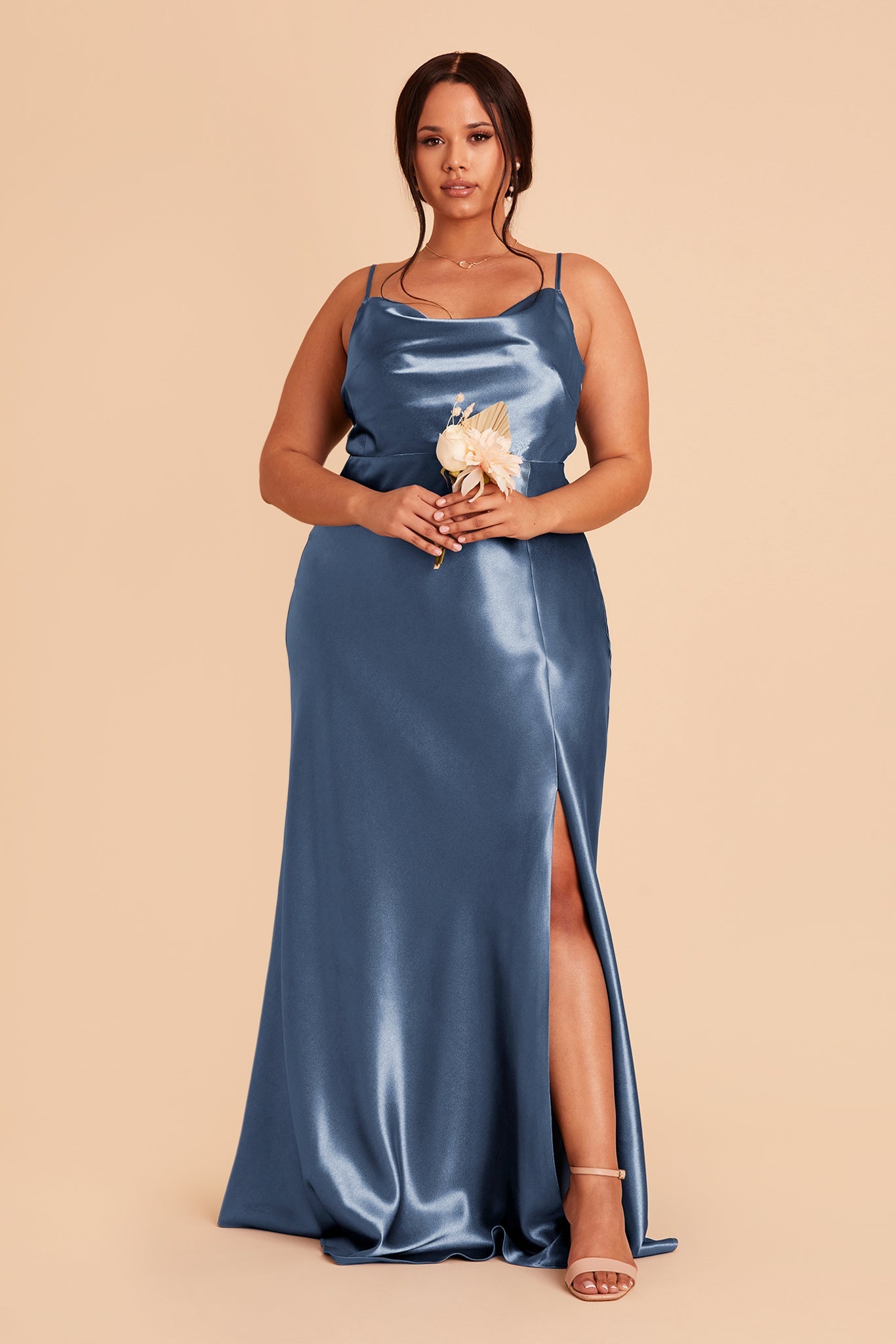 Lisa plus size bridesmaid dress with slit in twilight satin by Birdy Grey, front view