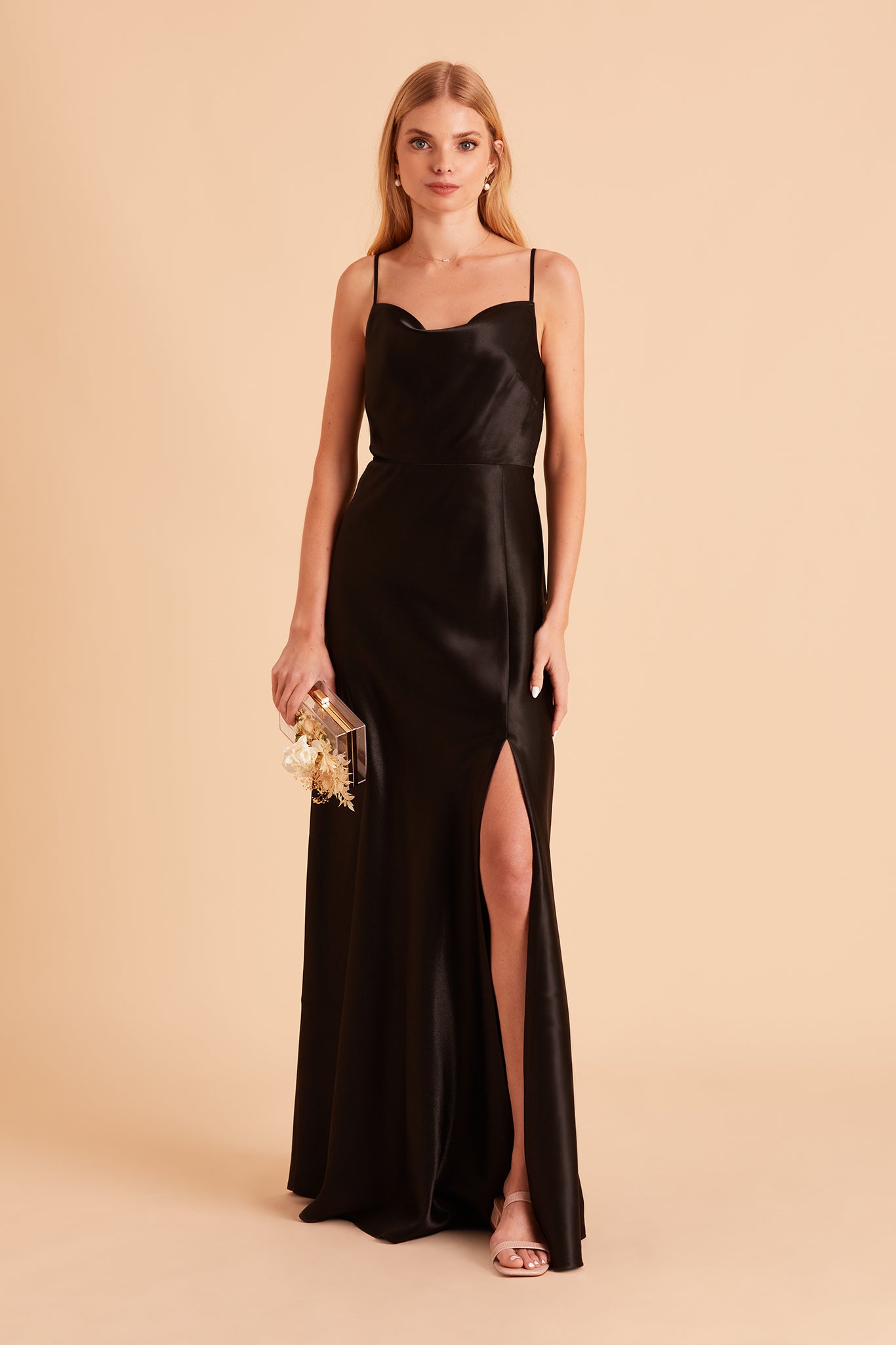 Lisa long bridesmaid dress with slit in black satin by Birdy Grey, front view