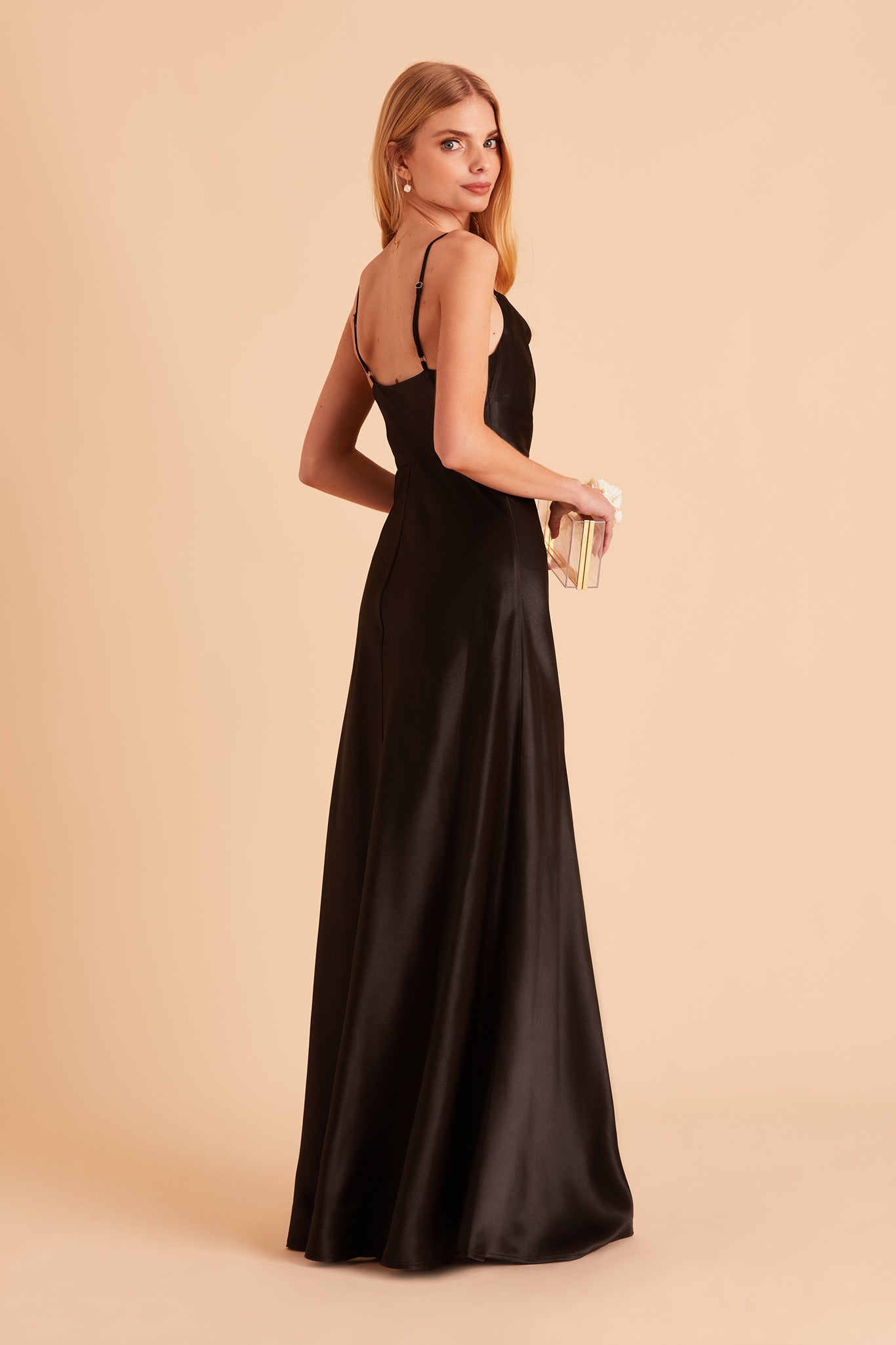 Lisa long bridesmaid dress with slit in black satin by Birdy Grey, side view