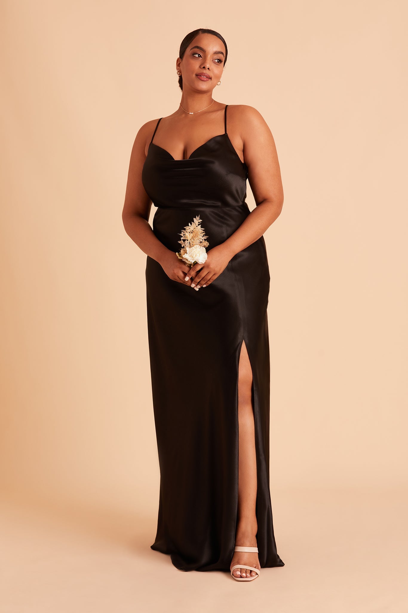 Lisa long plus size bridesmaid dress with slit in black satin by Birdy Grey, front view