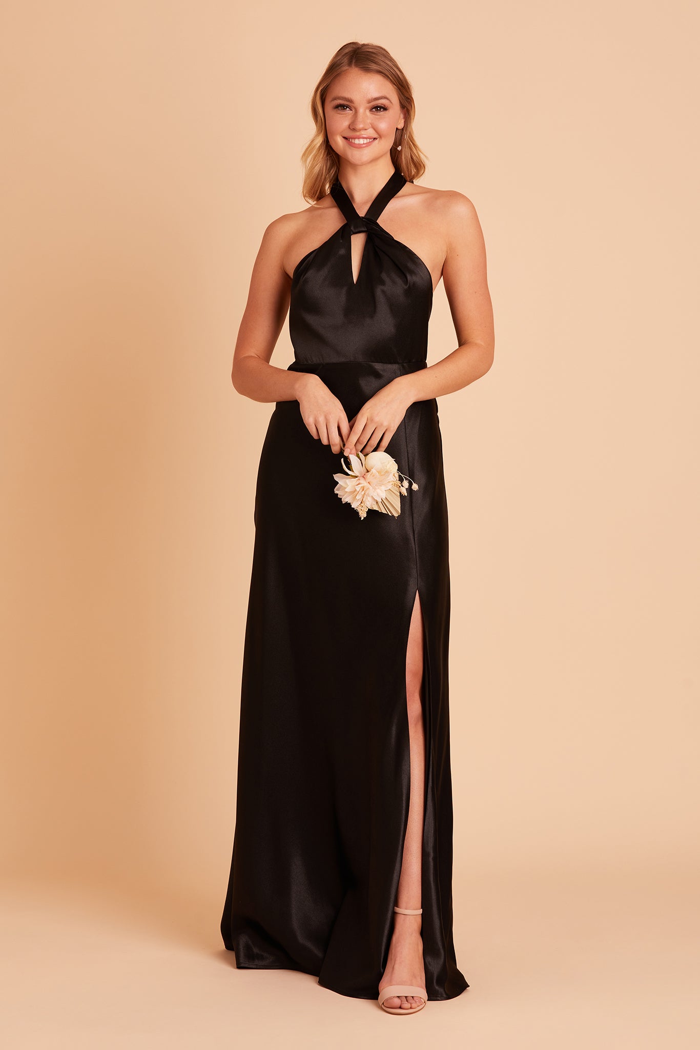 Monica bridesmaid dress with slit in black satin by Birdy Grey, front view