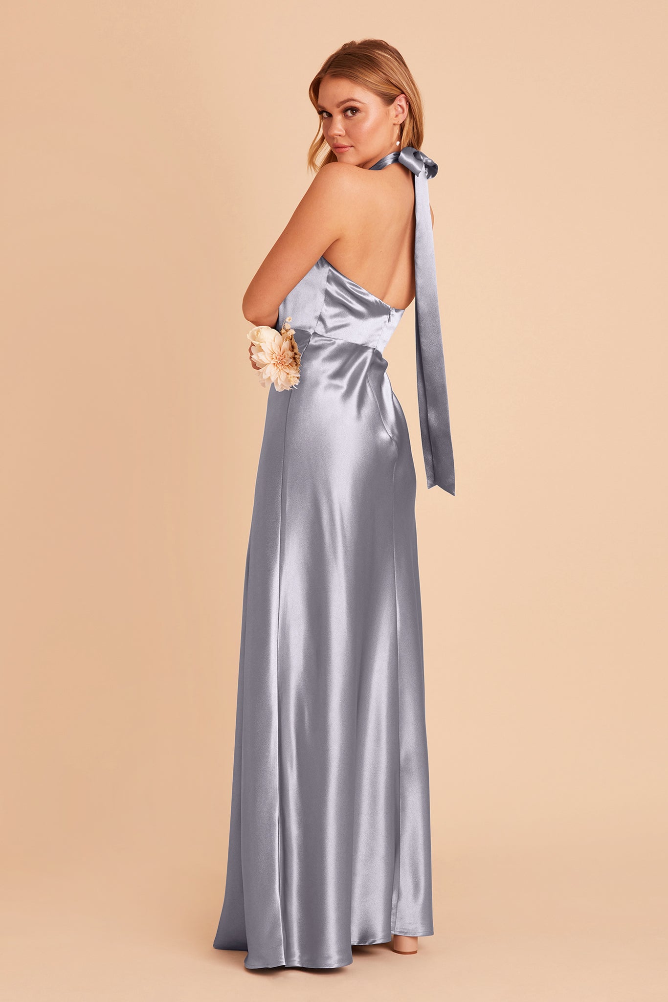 Monica bridesmaid dress with slit in dusty blue satin by Birdy Grey, side view