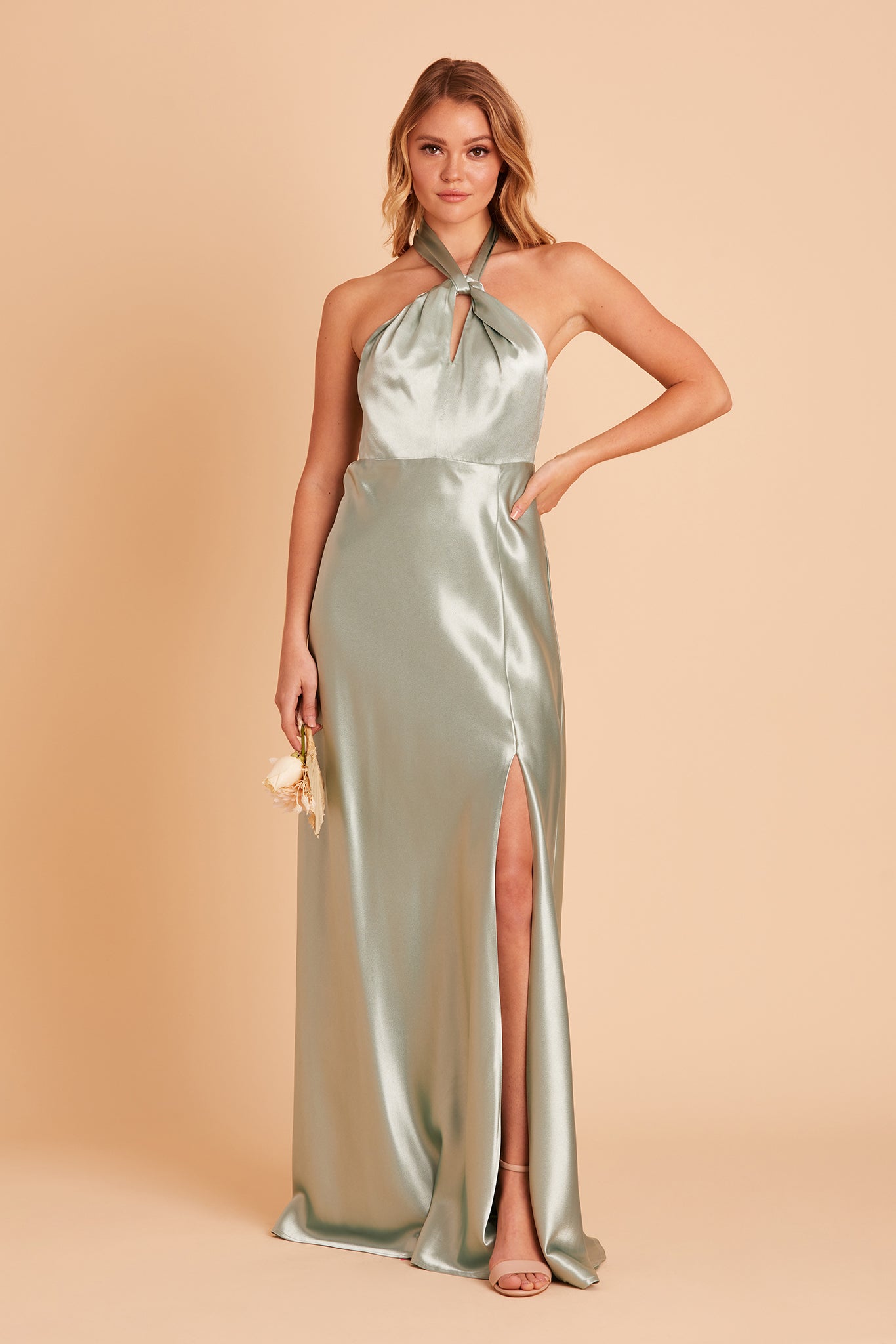 Monica bridesmaid dress with slit in sage satin by Birdy Grey, front view