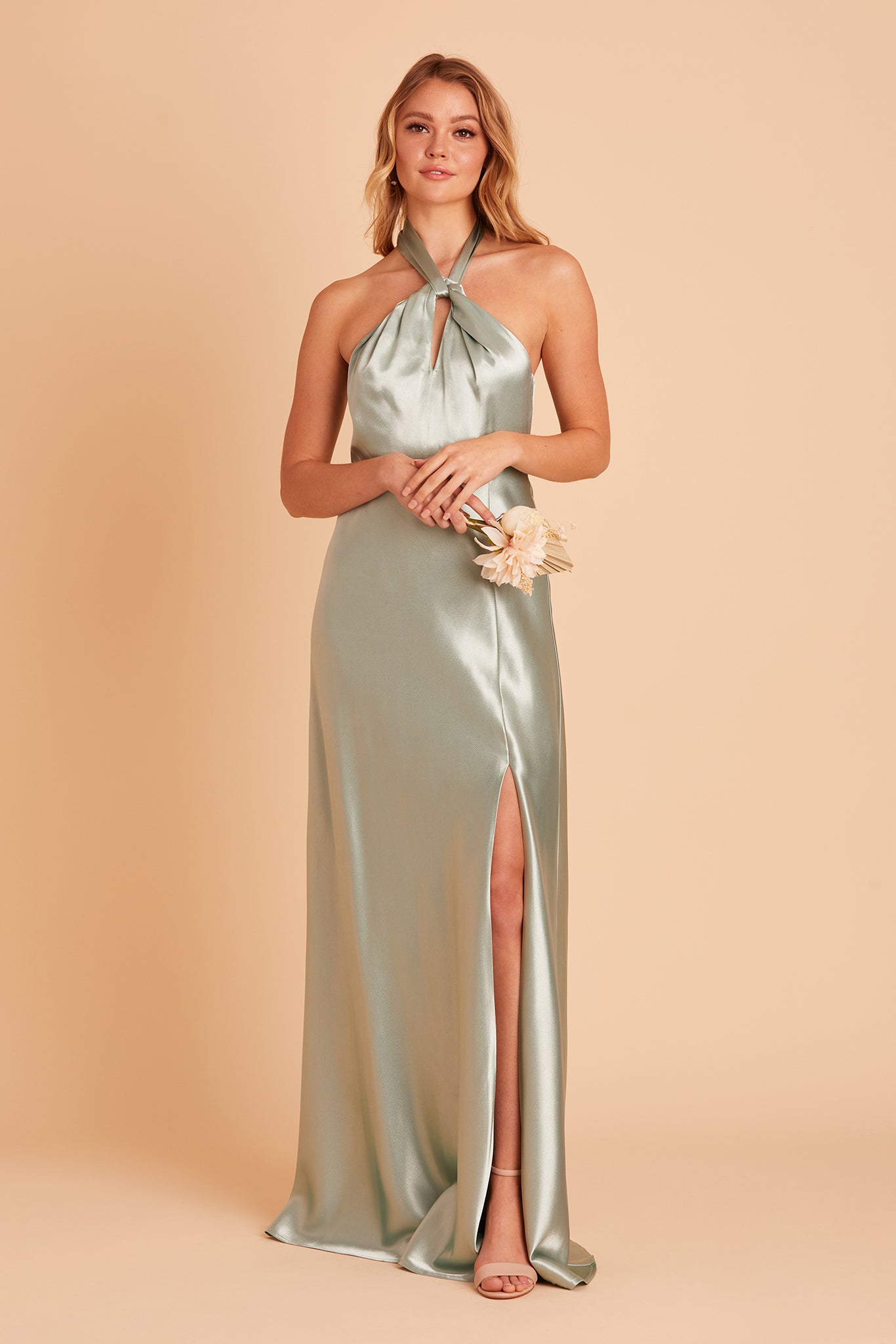 Monica bridesmaid dress with slit in sage satin by Birdy Grey, front view
