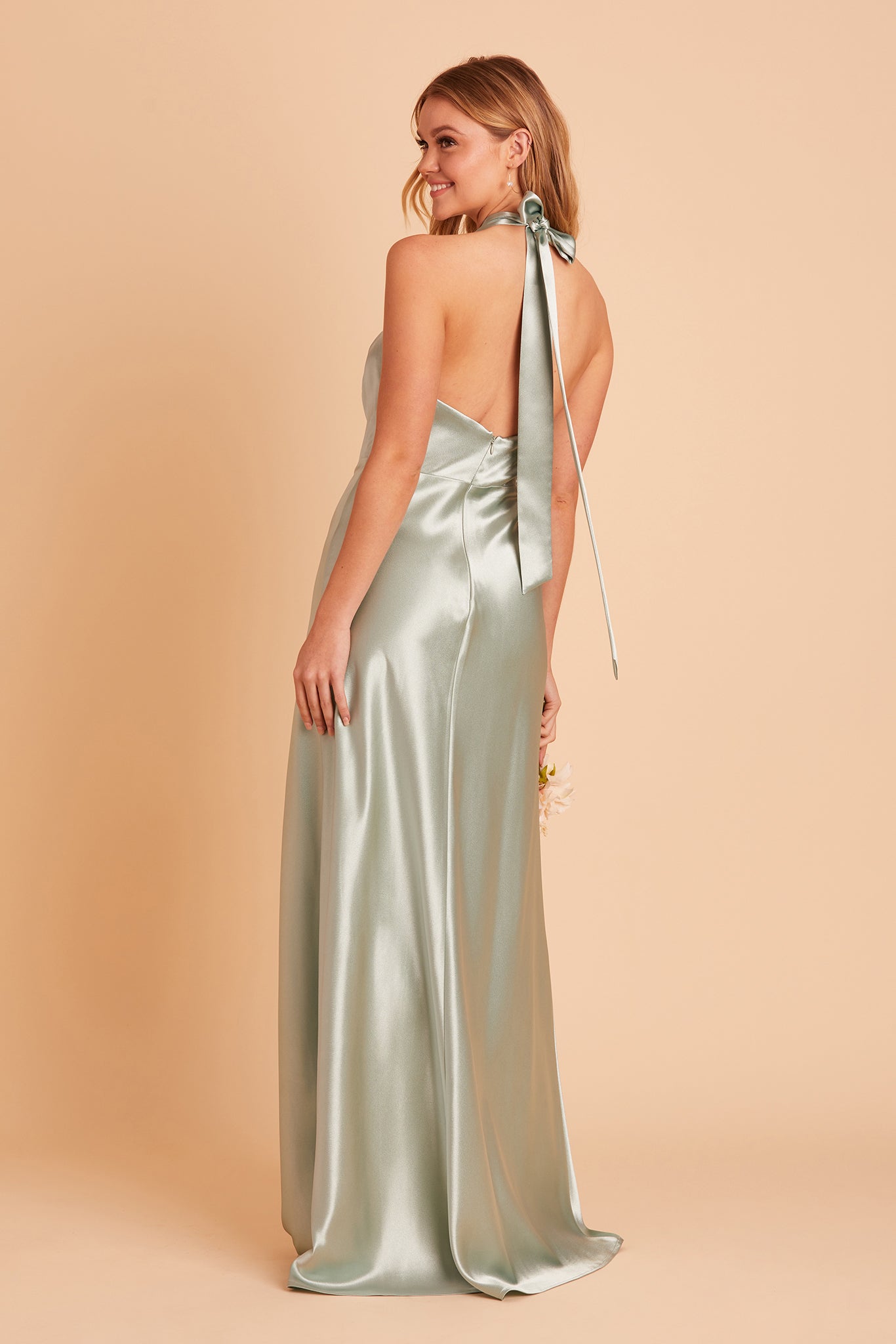 Monica bridesmaid dress with slit in sage satin by Birdy Grey, back view