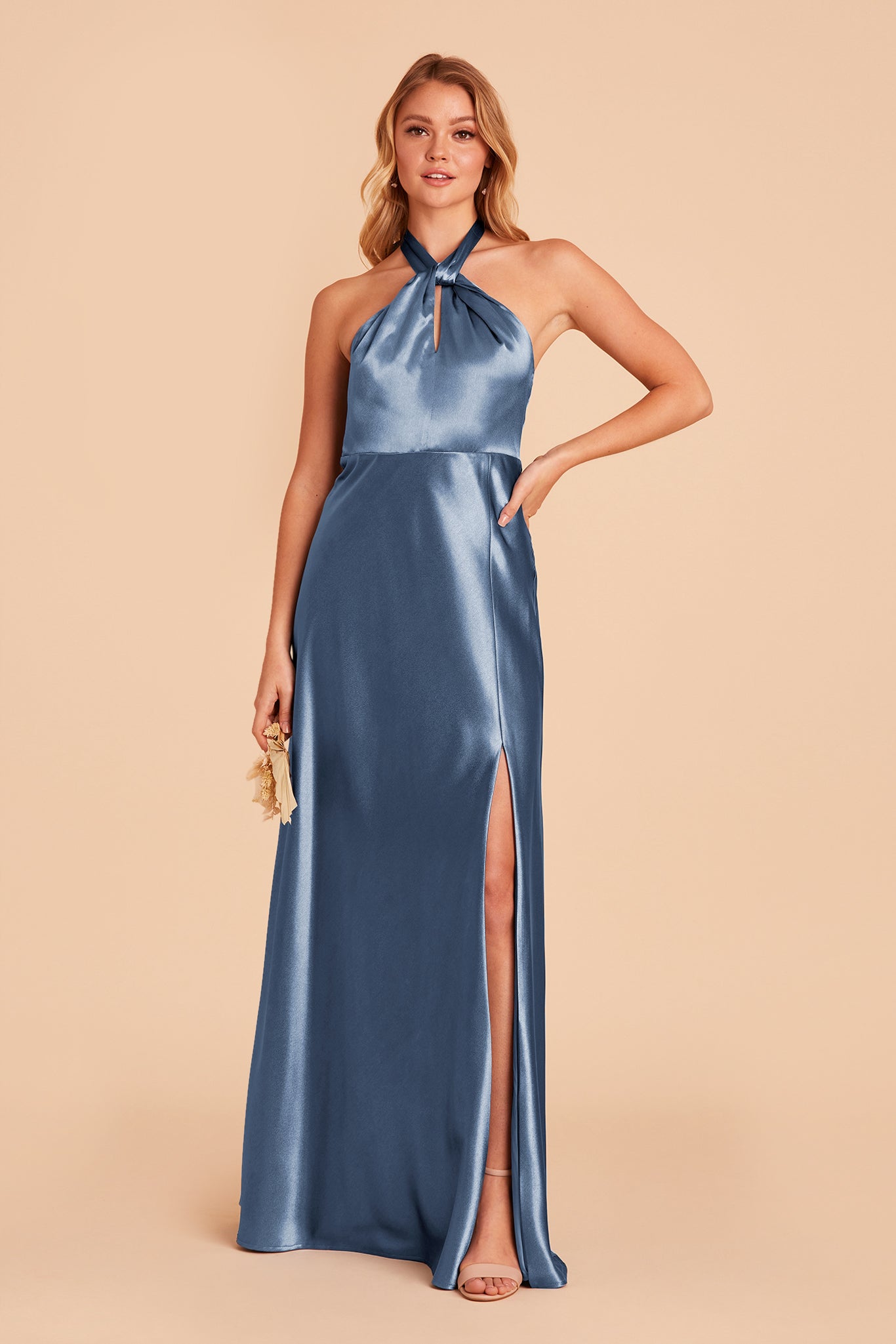 Monica bridesmaid dress with slit in twilight satin by Birdy Grey, front view