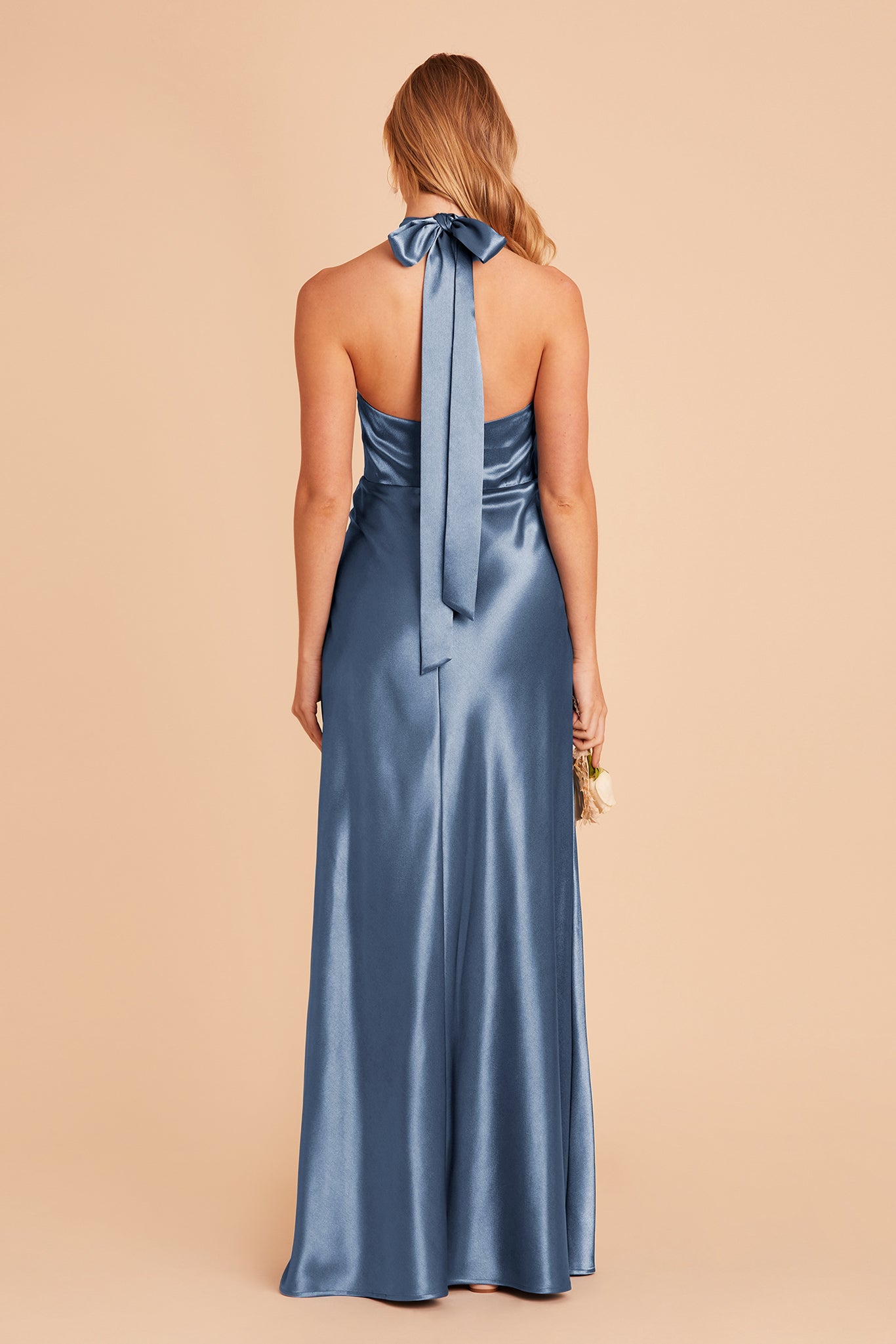 Monica bridesmaid dress with slit in twilight satin by Birdy Grey, back view