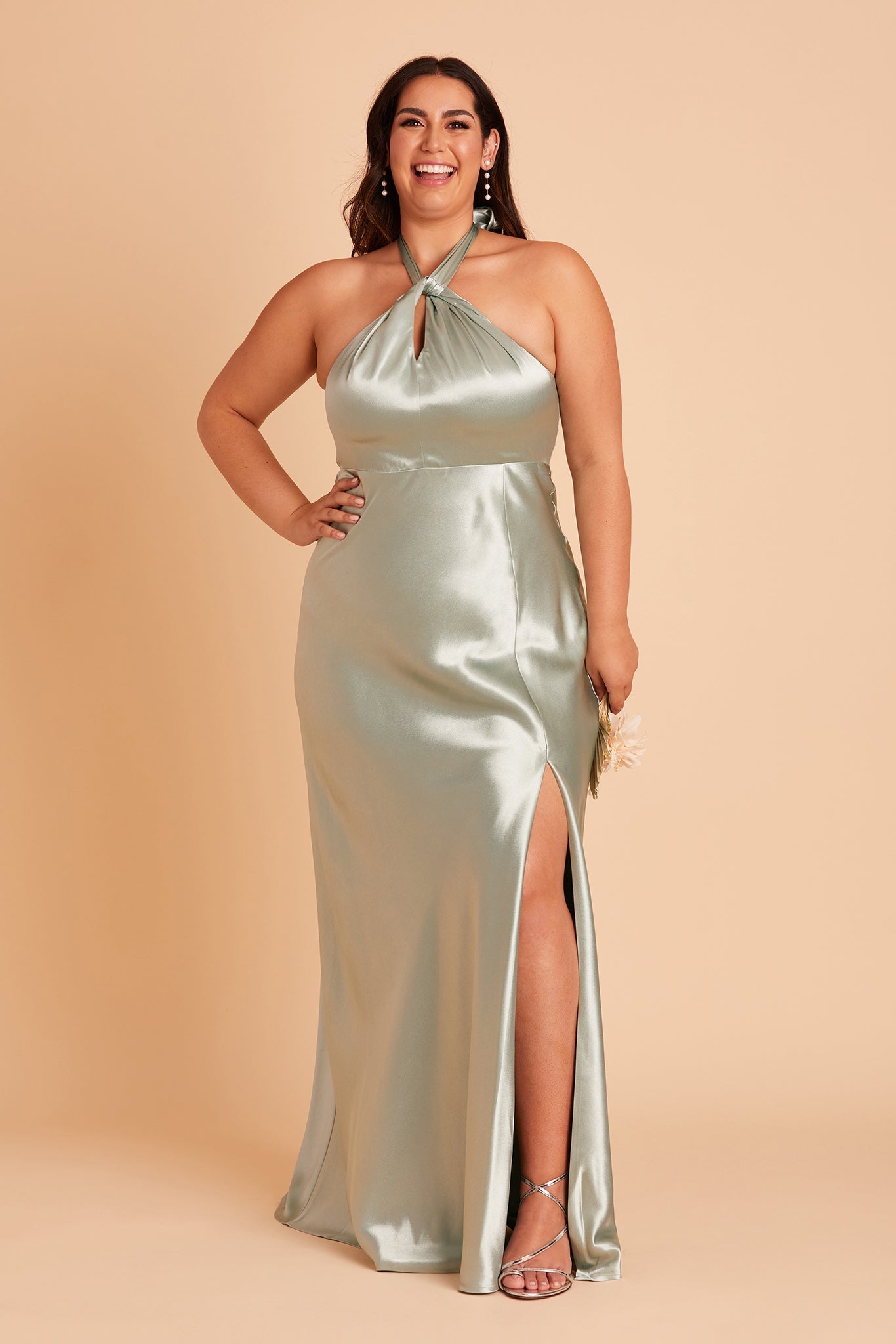 Monica plus size bridesmaid dress with slit in sage satin by Birdy Grey, front view