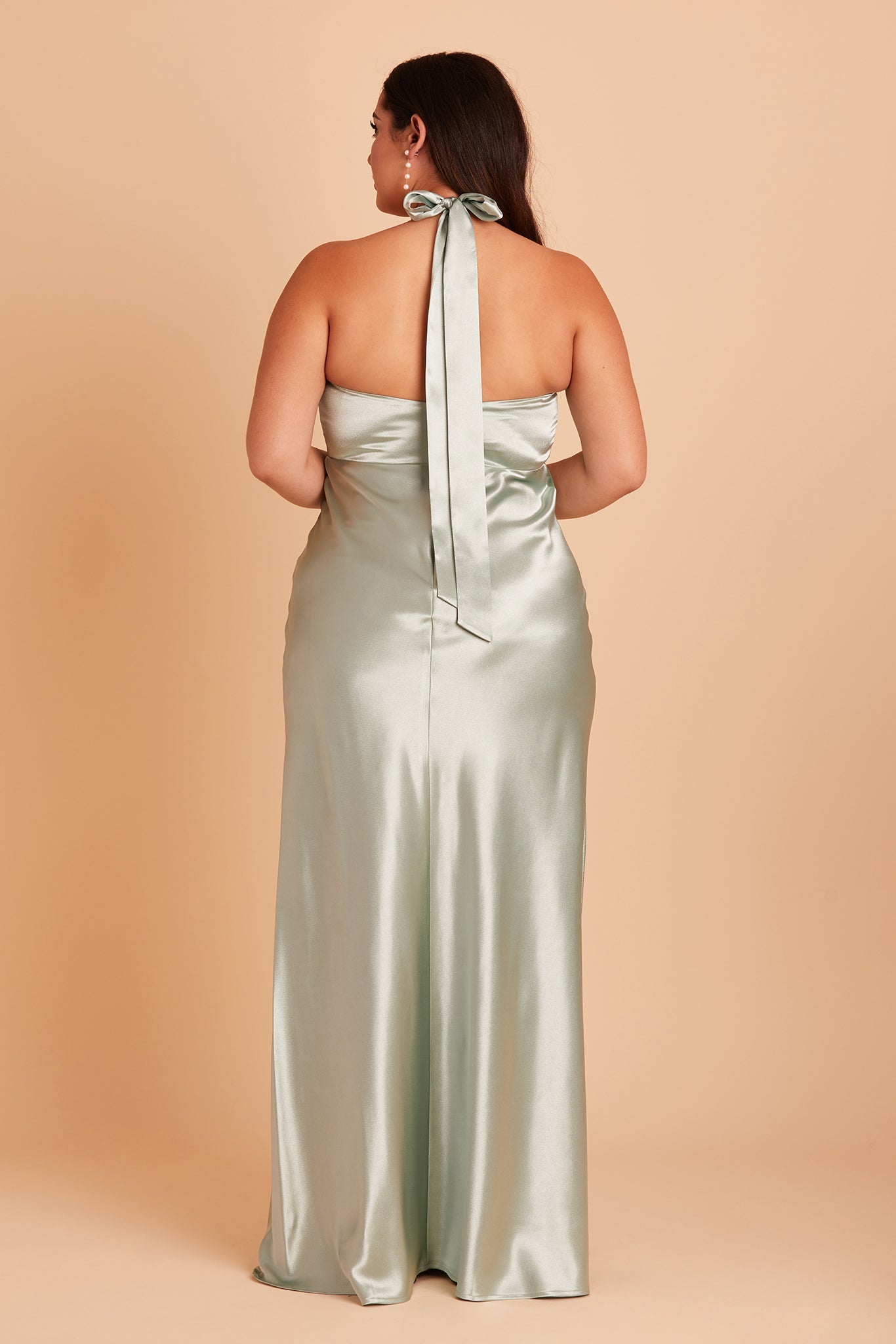 Monica plus size bridesmaid dress with slit in sage satin by Birdy Grey, back view