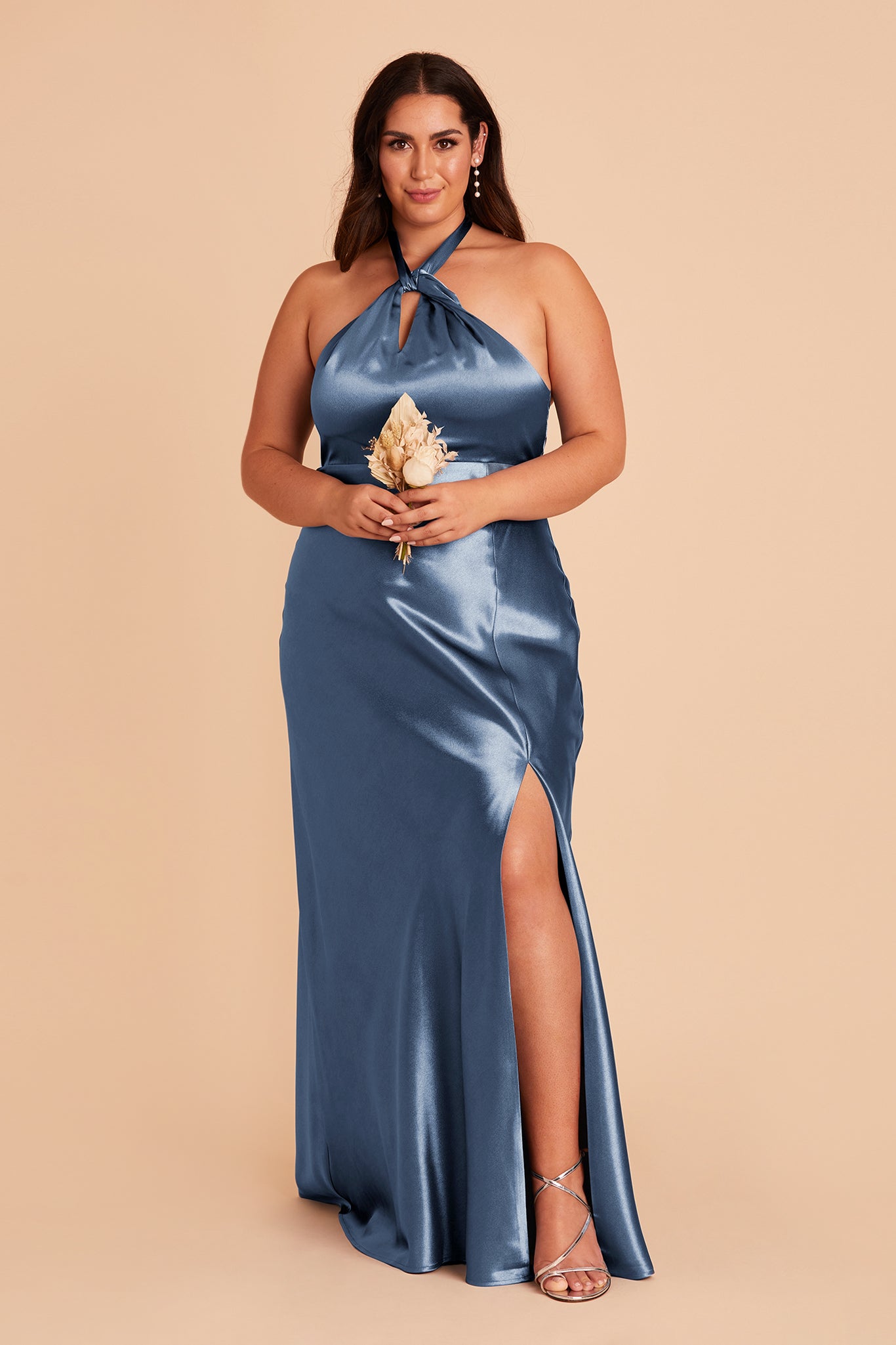 Monica plus size bridesmaid dress with slit in twilight satin by Birdy Grey, front view