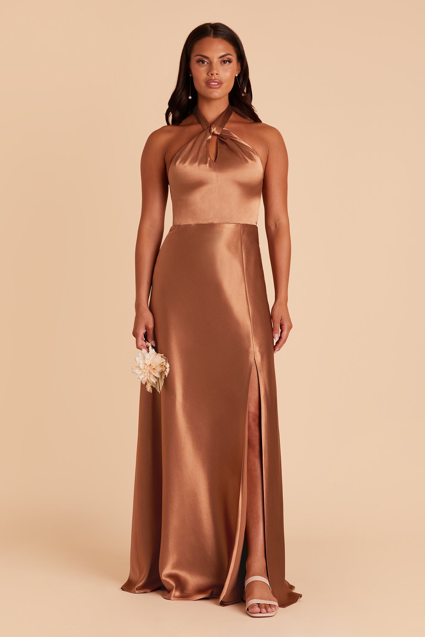 Monica bridesmaid dress with slit in rust satin by Birdy Grey, front view