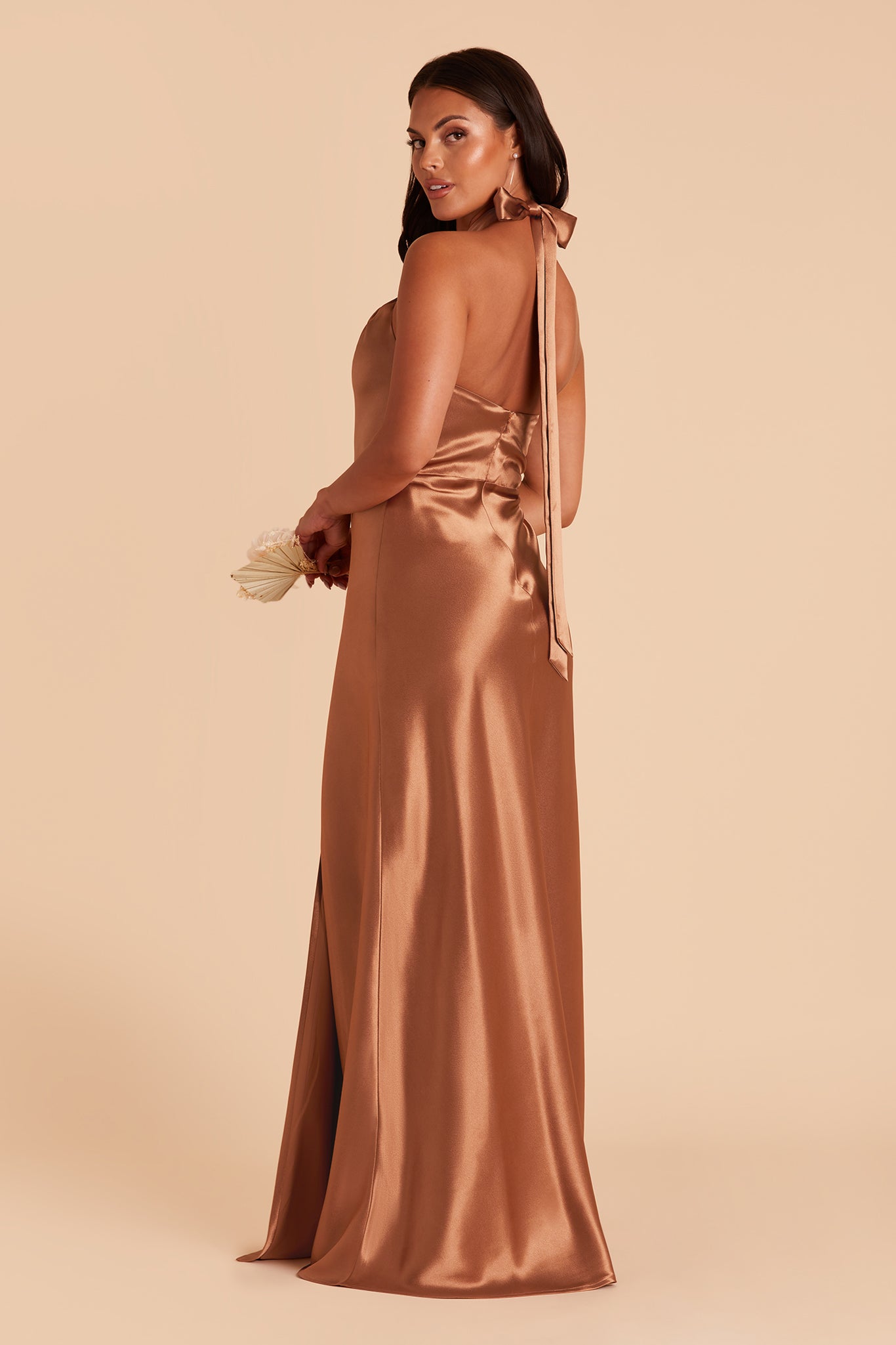 Monica bridesmaid dress with slit in rust satin by Birdy Grey, side view