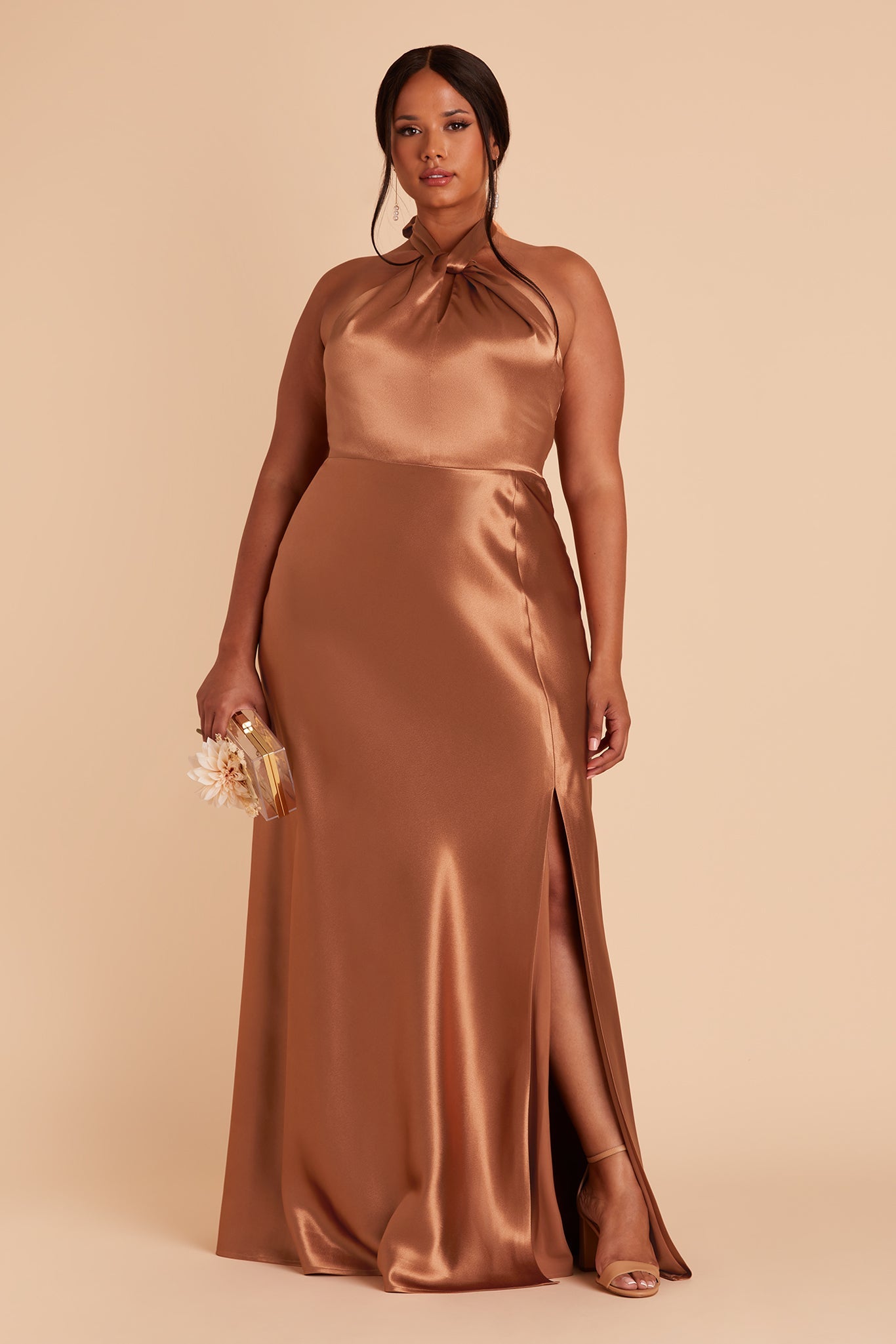Monica plus size bridesmaid dress with slit in rust satin by Birdy Grey, front view