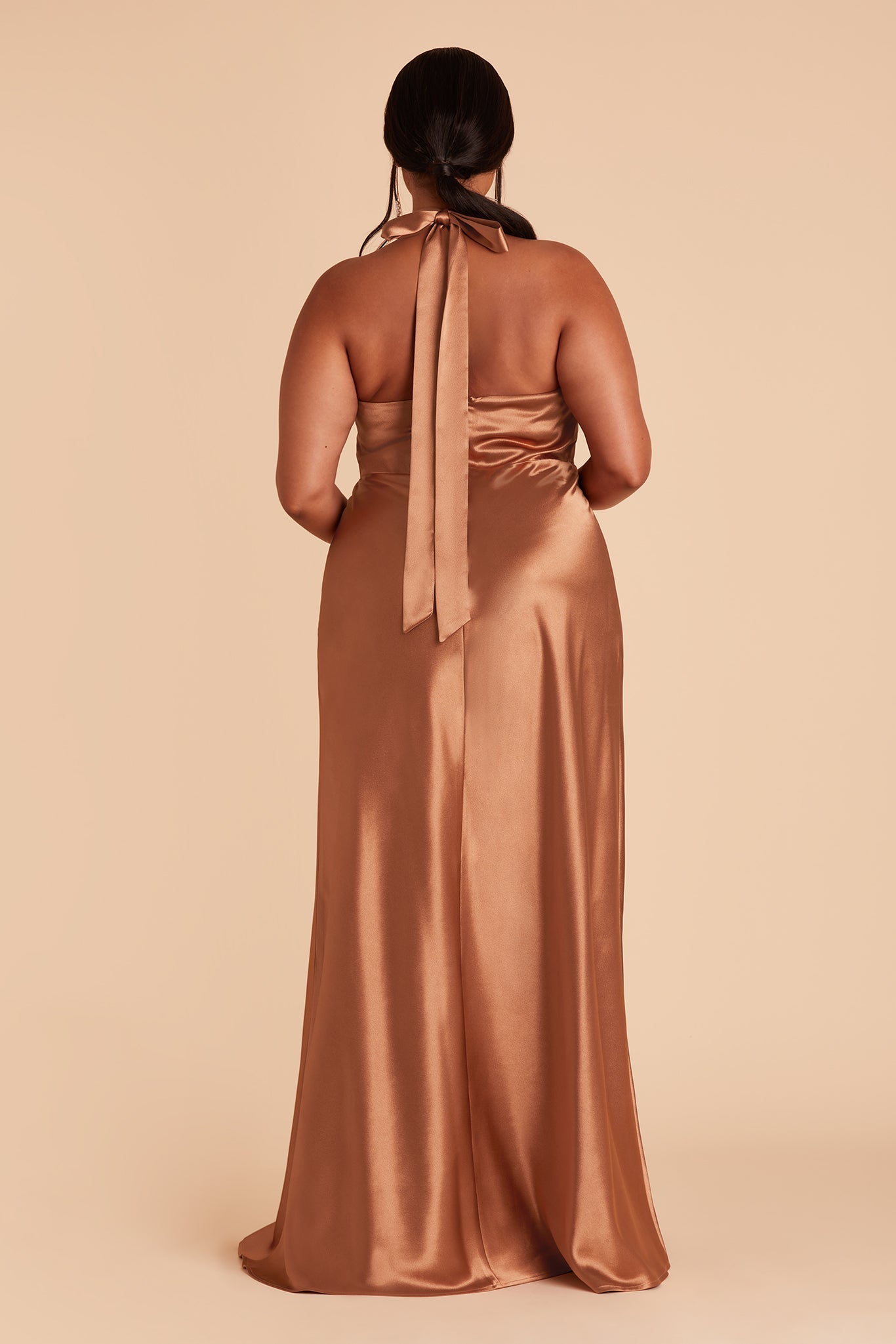 Monica plus size bridesmaid dress with slit in rust satin by Birdy Grey, back view