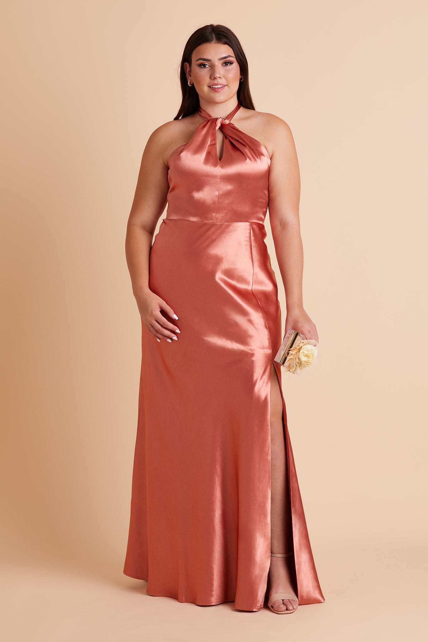 Monica plus size bridesmaid dress with slit in terracotta satin by Birdy Grey, front view