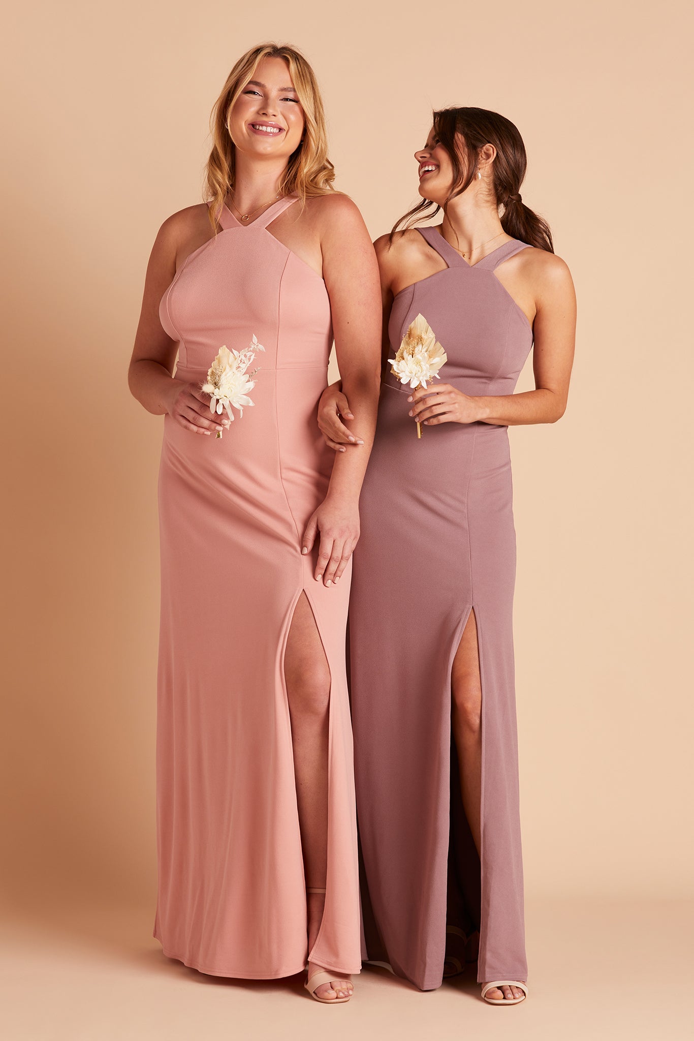  Two women in gene bridesmaid dresses with slit in crepe by Birdy Grey, front view