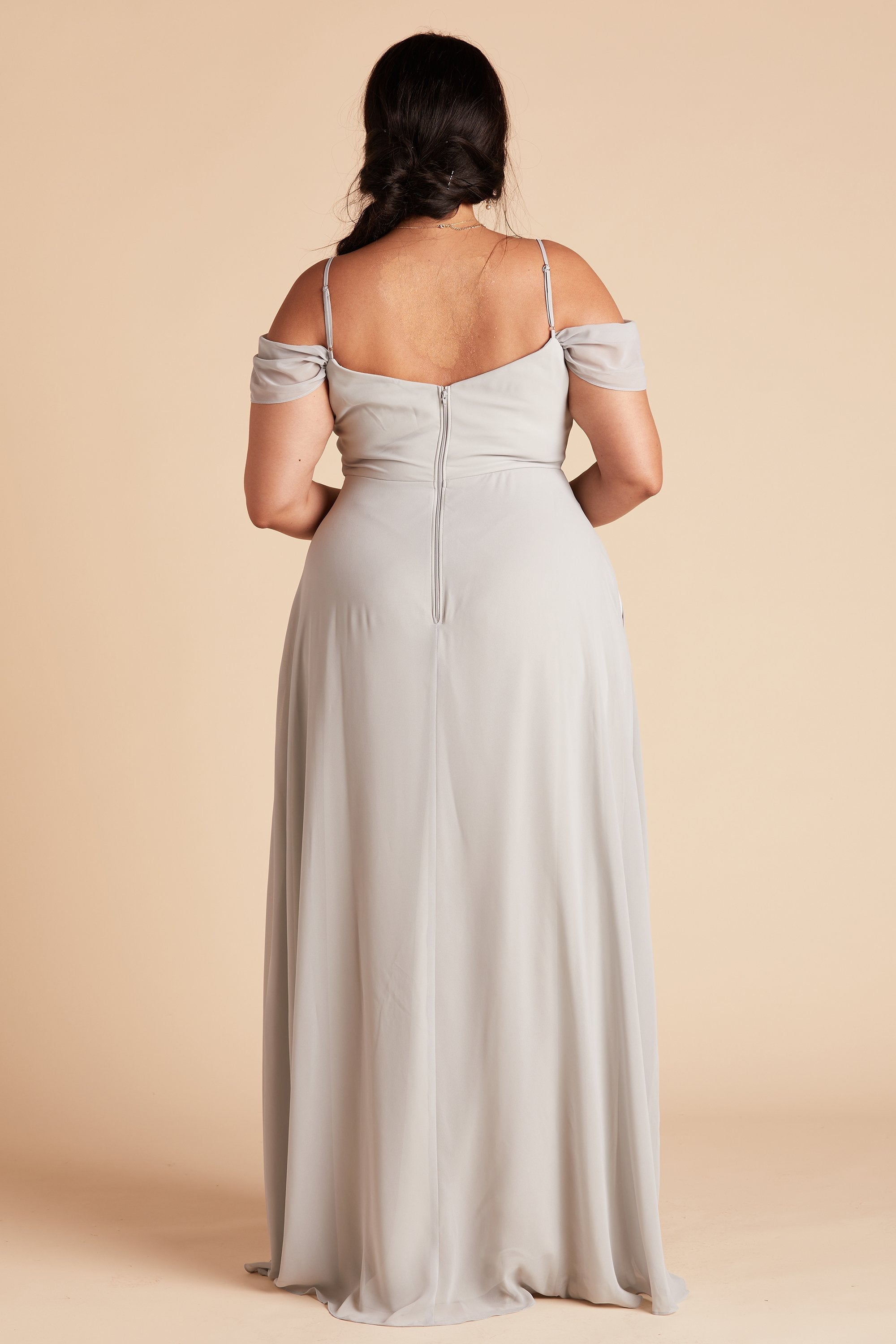 Devin convertible plus size bridesmaid dress in dove gray chiffon by Birdy Grey, back view