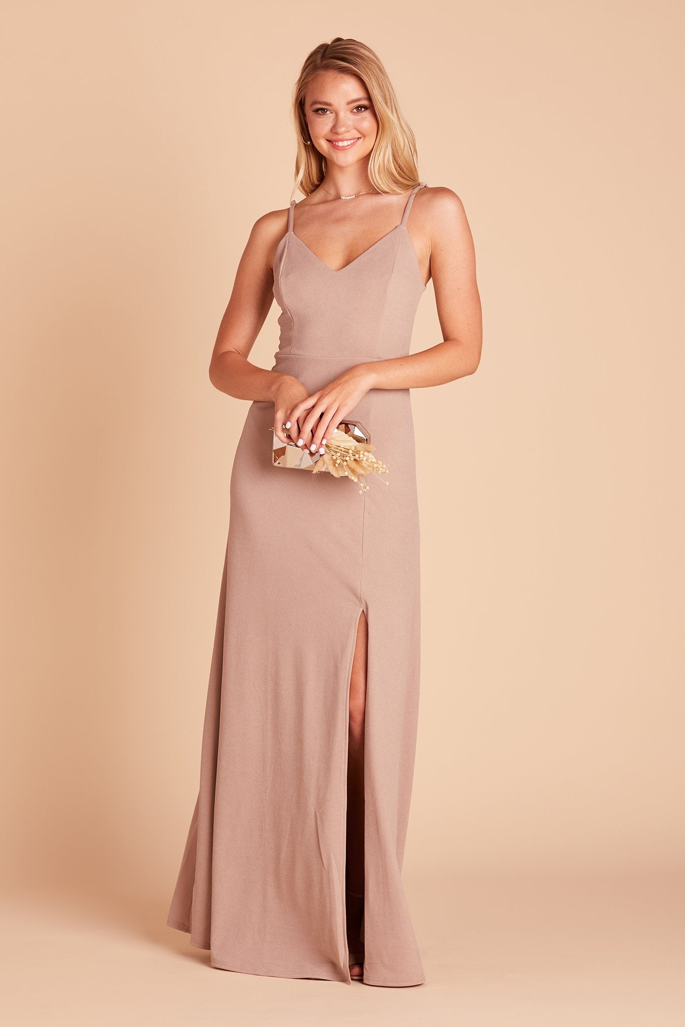 Jay bridesmaid dress with slit in taupe crepe by Birdy Grey, front view