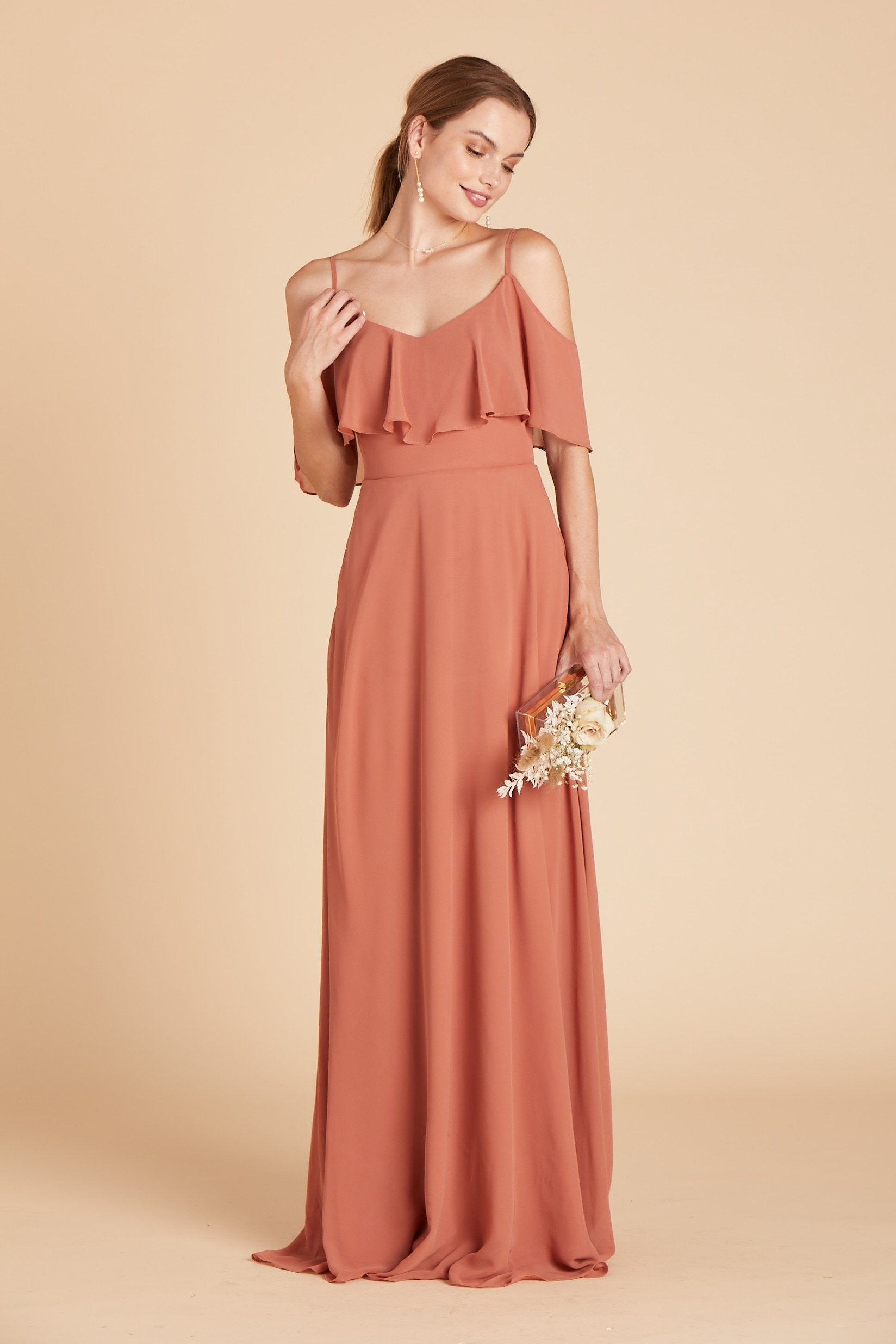 Front view of the Jane Convertible Dress in terracotta chiffon worn by a slender model with a light skin tone.