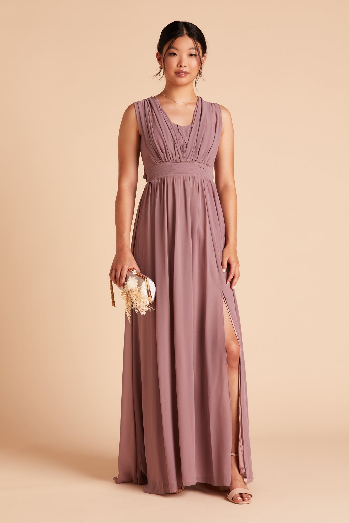 Grace convertible bridesmaid dress with slit in Dark Mauve Purple Chiffon by Birdy Grey, front view