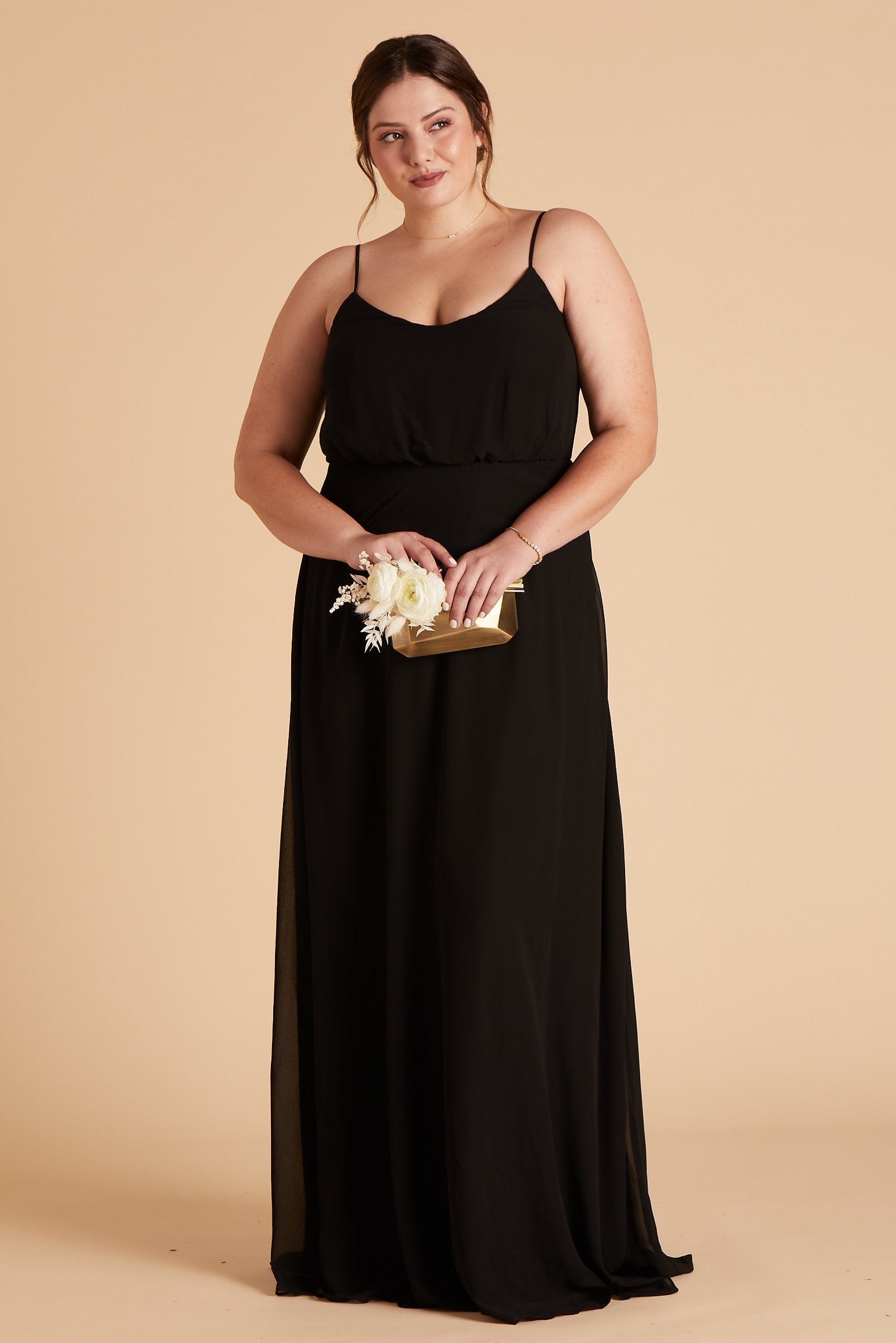 Gwennie plus size bridesmaid dress in black chiffon by Birdy Grey, front view