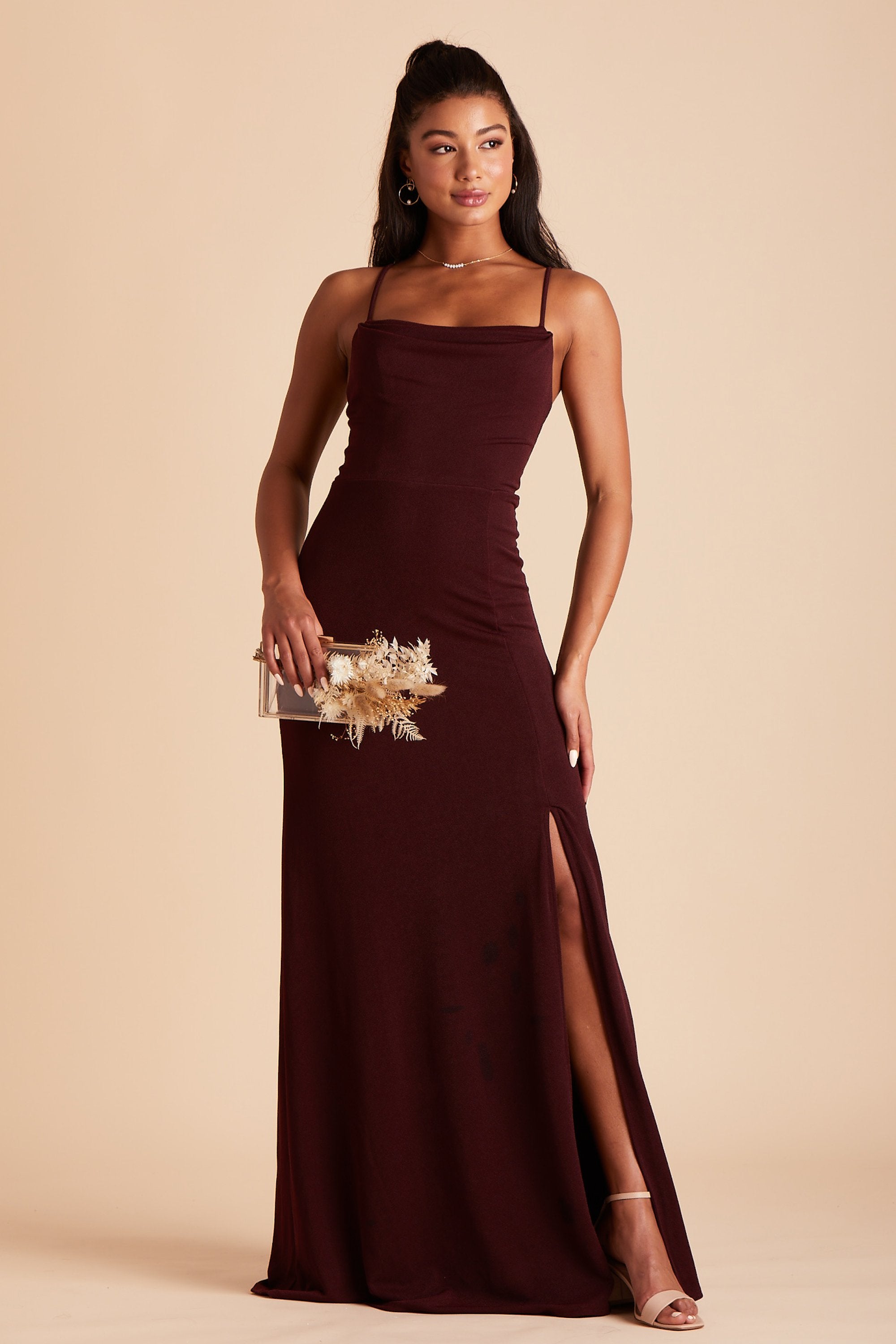 Ash bridesmaid dress with slit in cabernet burgundy crepe by Birdy Grey, front view