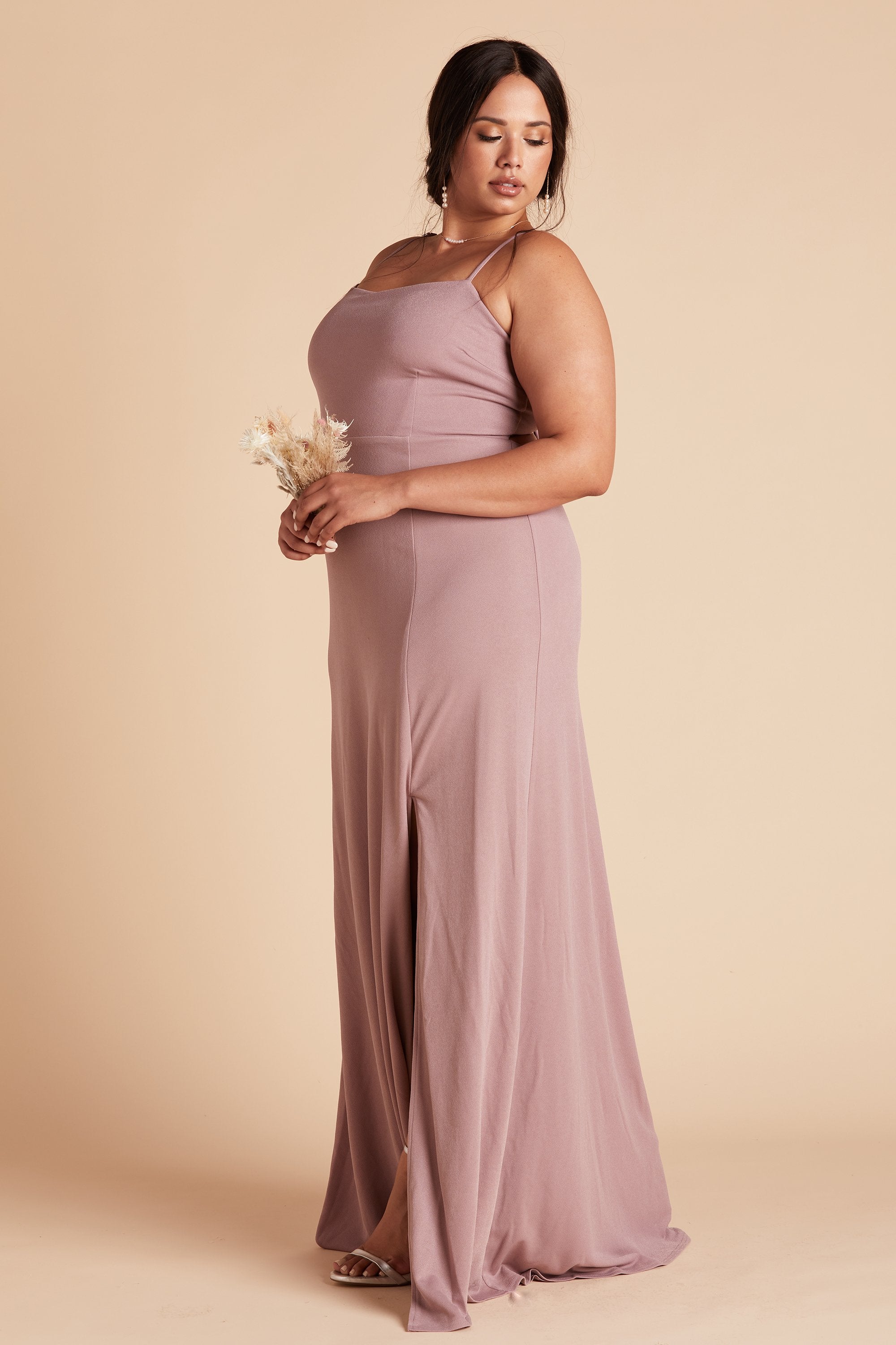 Benny plus size bridesmaid dress with slit in dark mauve crepe by Birdy Grey, side view