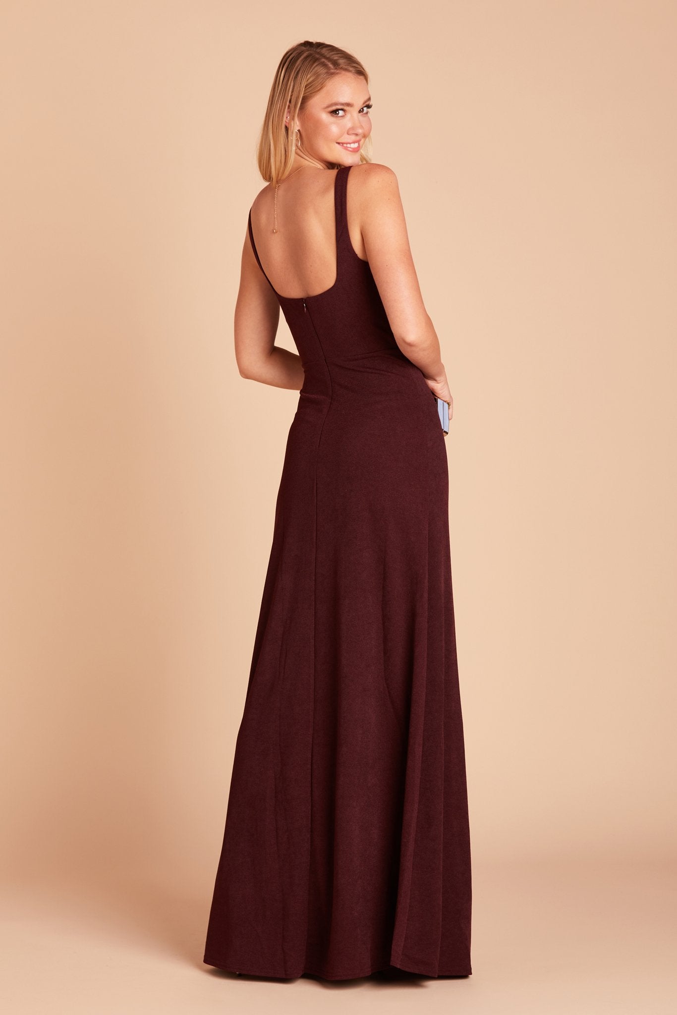 Alex convertible bridesmaid dress with slit in cabernet burgundy by Birdy Grey, back view
