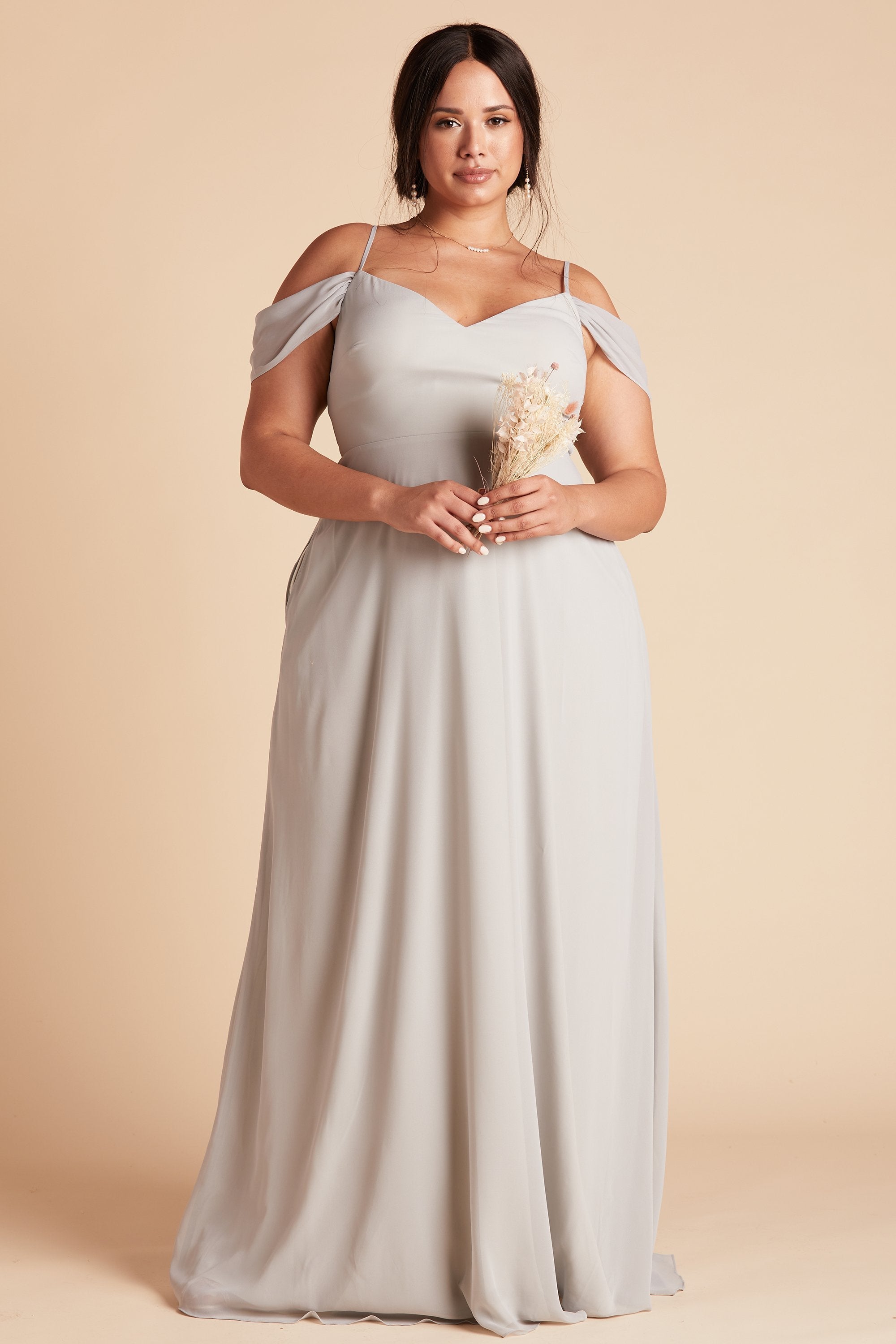 Devin convertible plus size bridesmaid dress in dove gray chiffon by Birdy Grey, front view