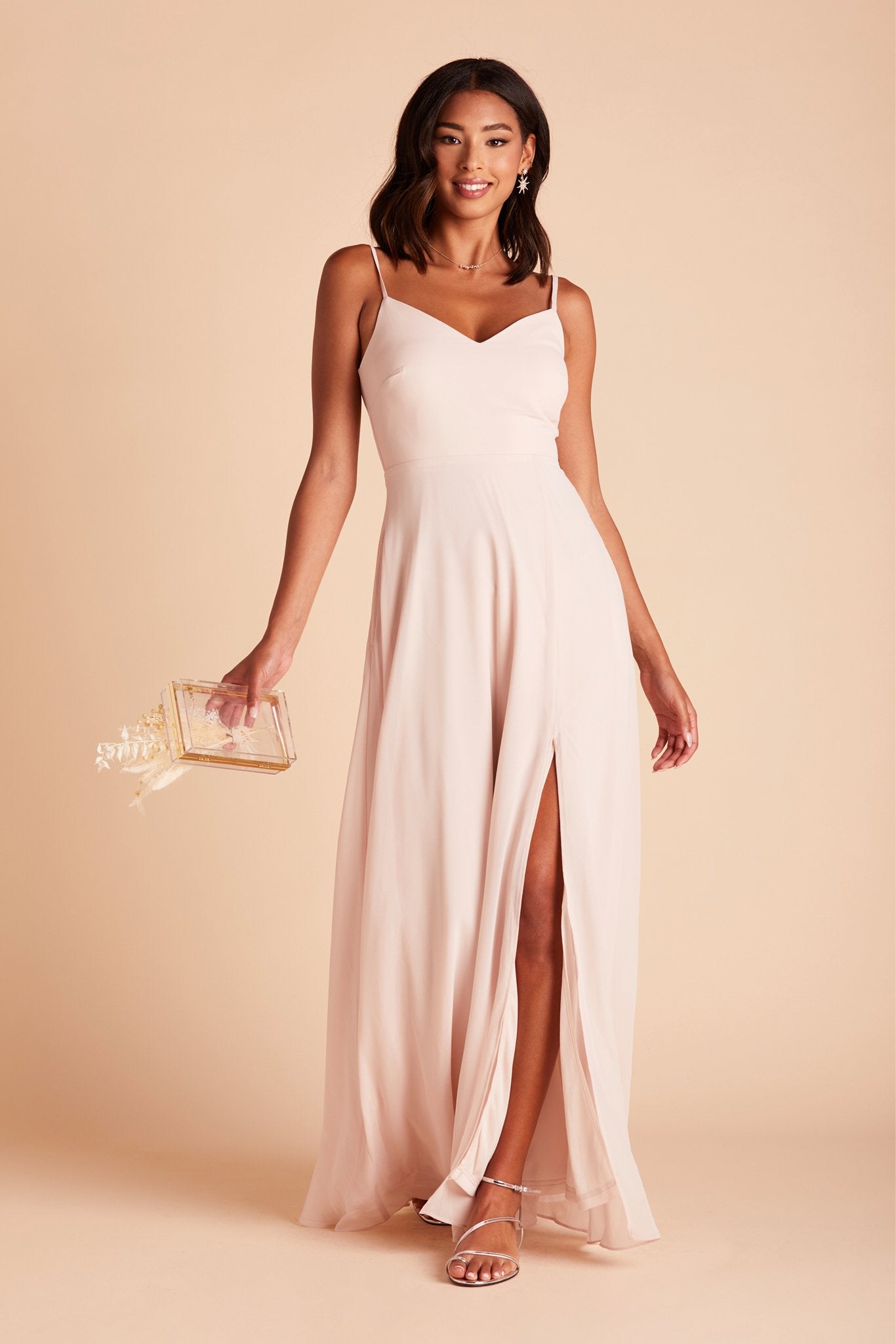 Devin convertible bridesmaids dress with slit in pale blush chiffon by Birdy Grey, front view