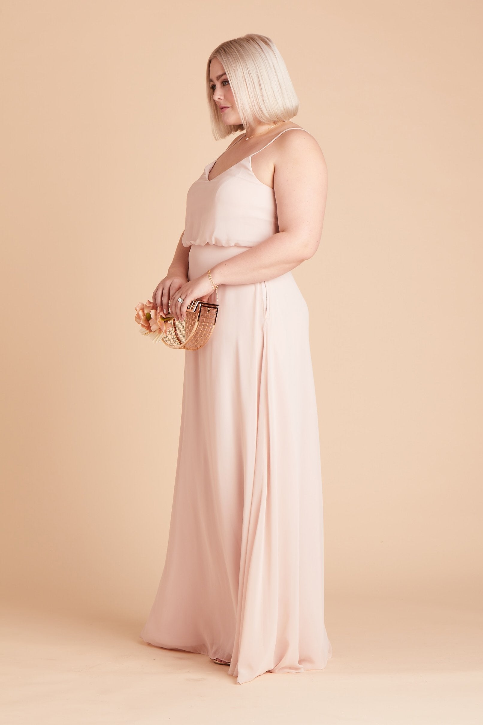 Gwennie plus size bridesmaid dress in pale blush chiffon by Birdy Grey, side view