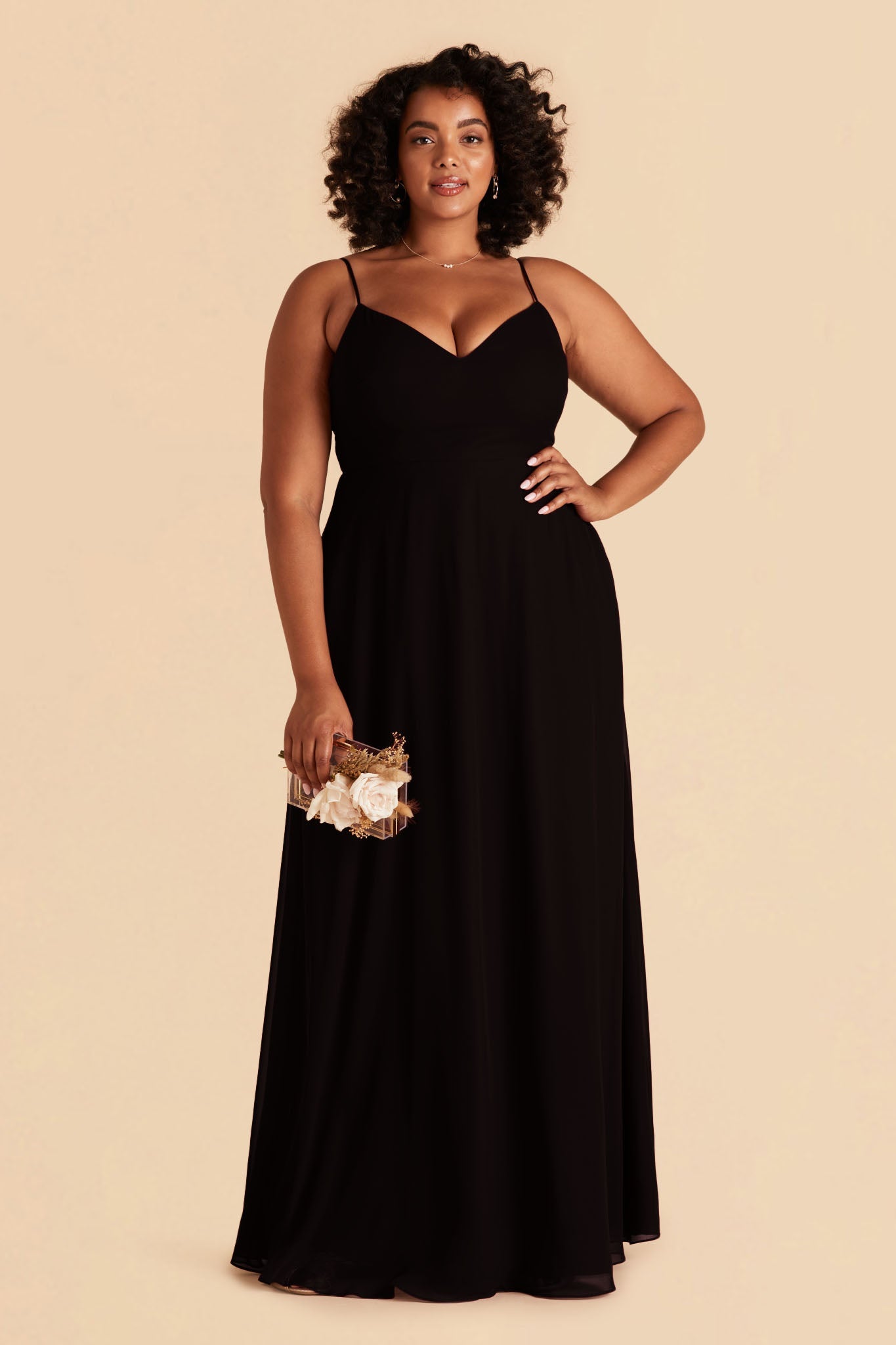 Plus size Long floor-sweeping black chiffon bridesmaid dress with a V-neckline and no sleeves