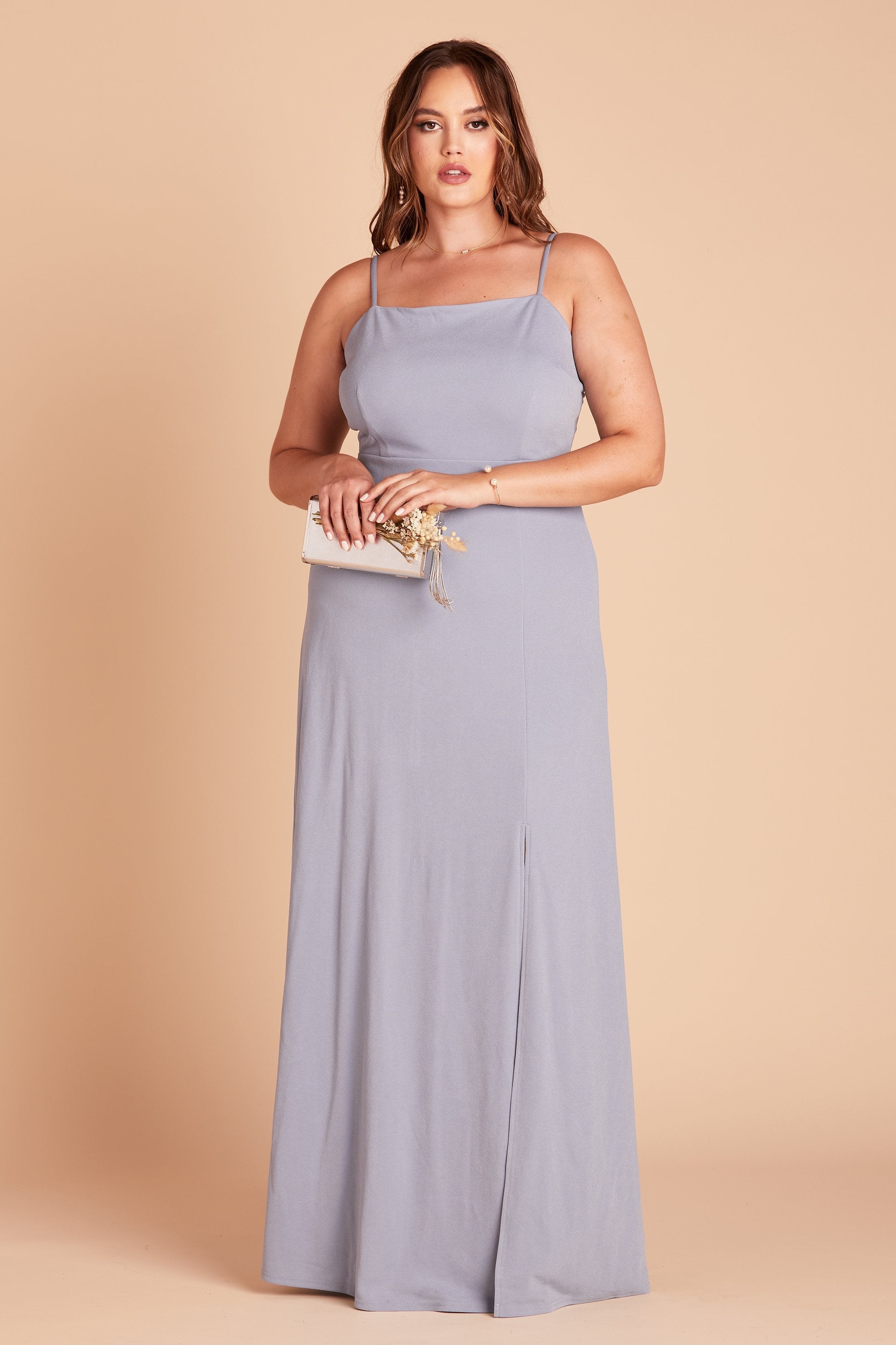Benny plus size bridesmaid dress in dusty blue crepe by Birdy Grey, front view