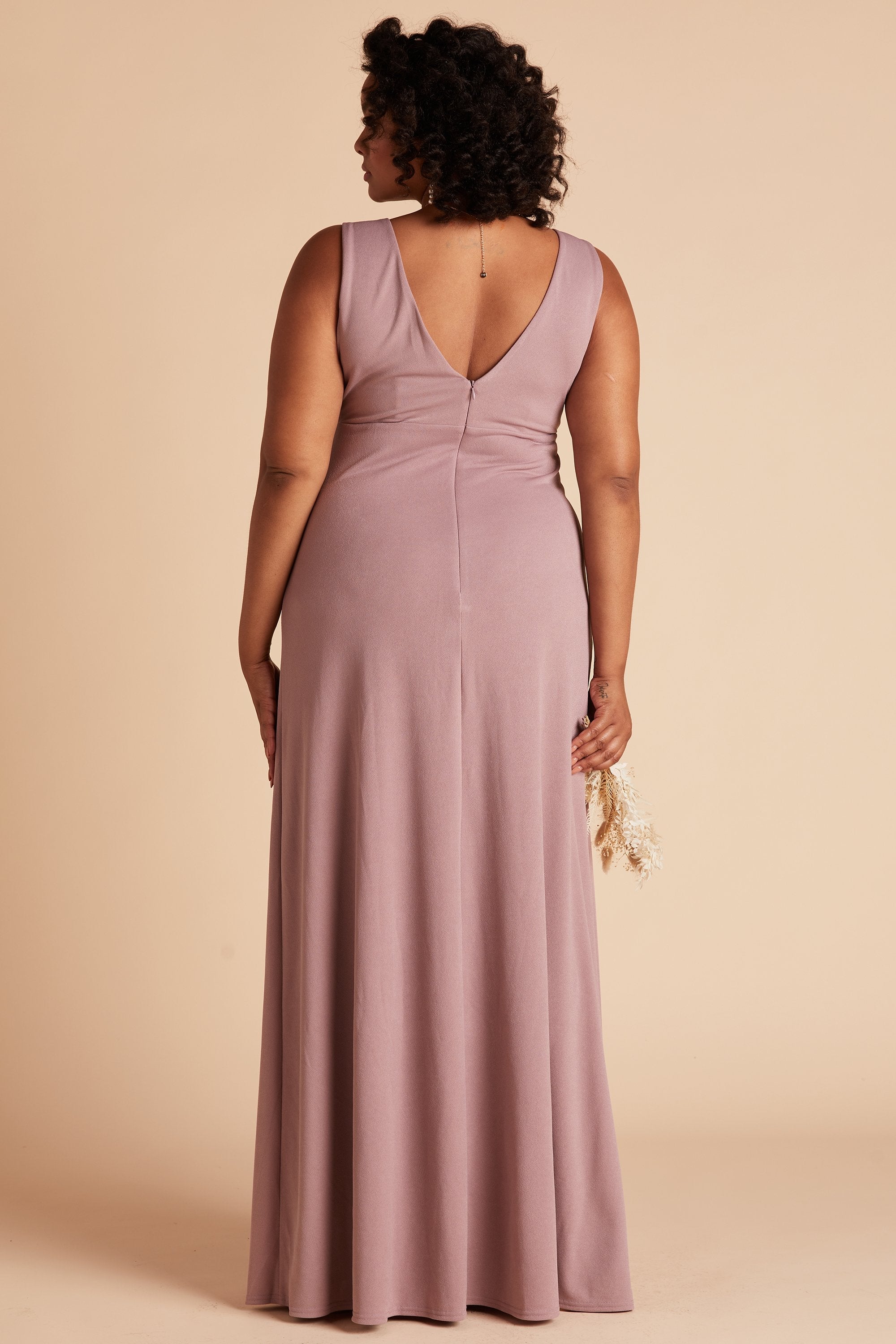 Shamin plus size bridesmaid dress in dark mauve crepe by Birdy Grey, back view