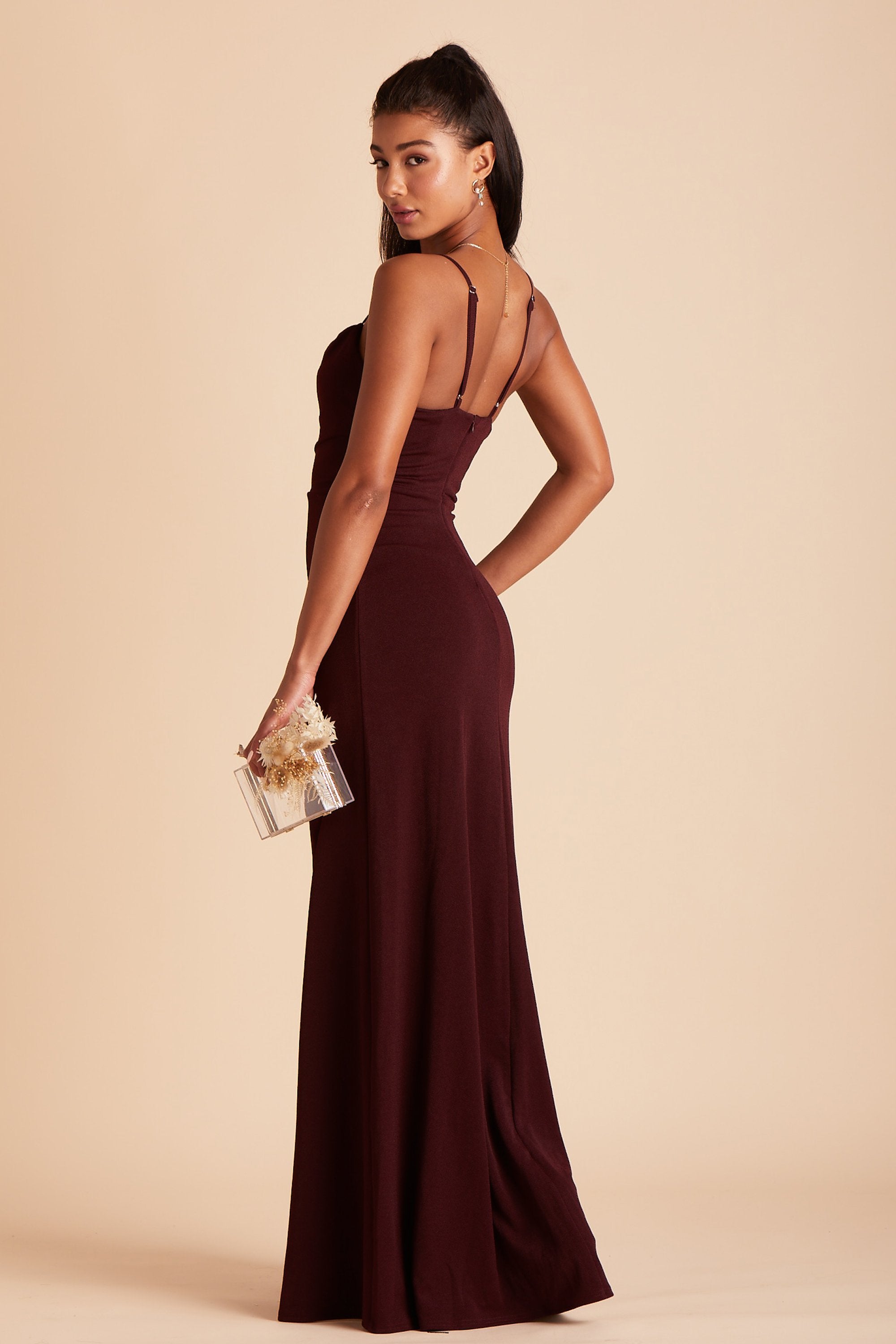Ash bridesmaid dress in cabernet burgundy crepe by Birdy Grey, side view