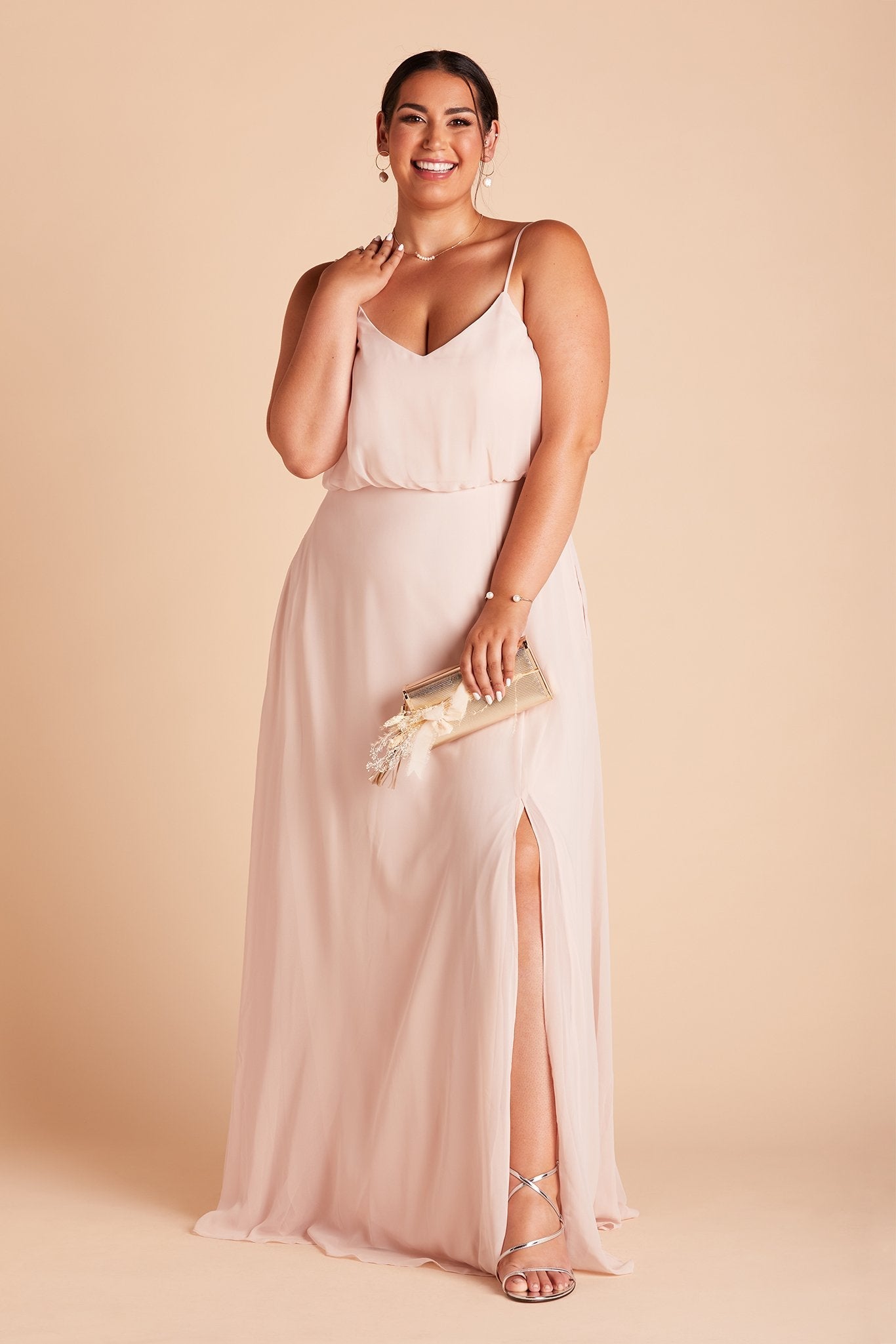 Gwennie plus size bridesmaid dress with slit in pale blush chiffon by Birdy Grey, front view