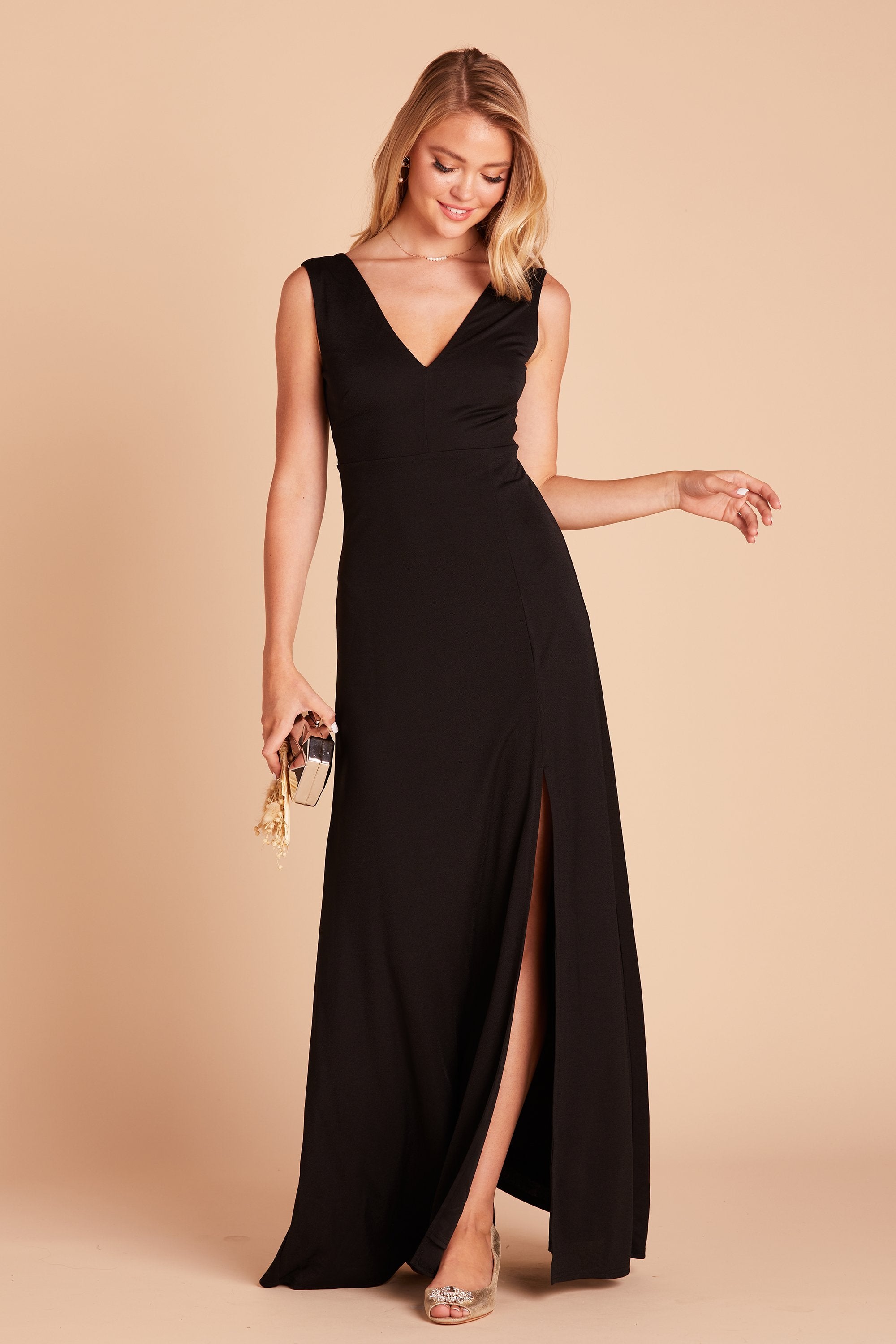Shamin bridesmaid dress with slit in black crepe by Birdy Grey, front view