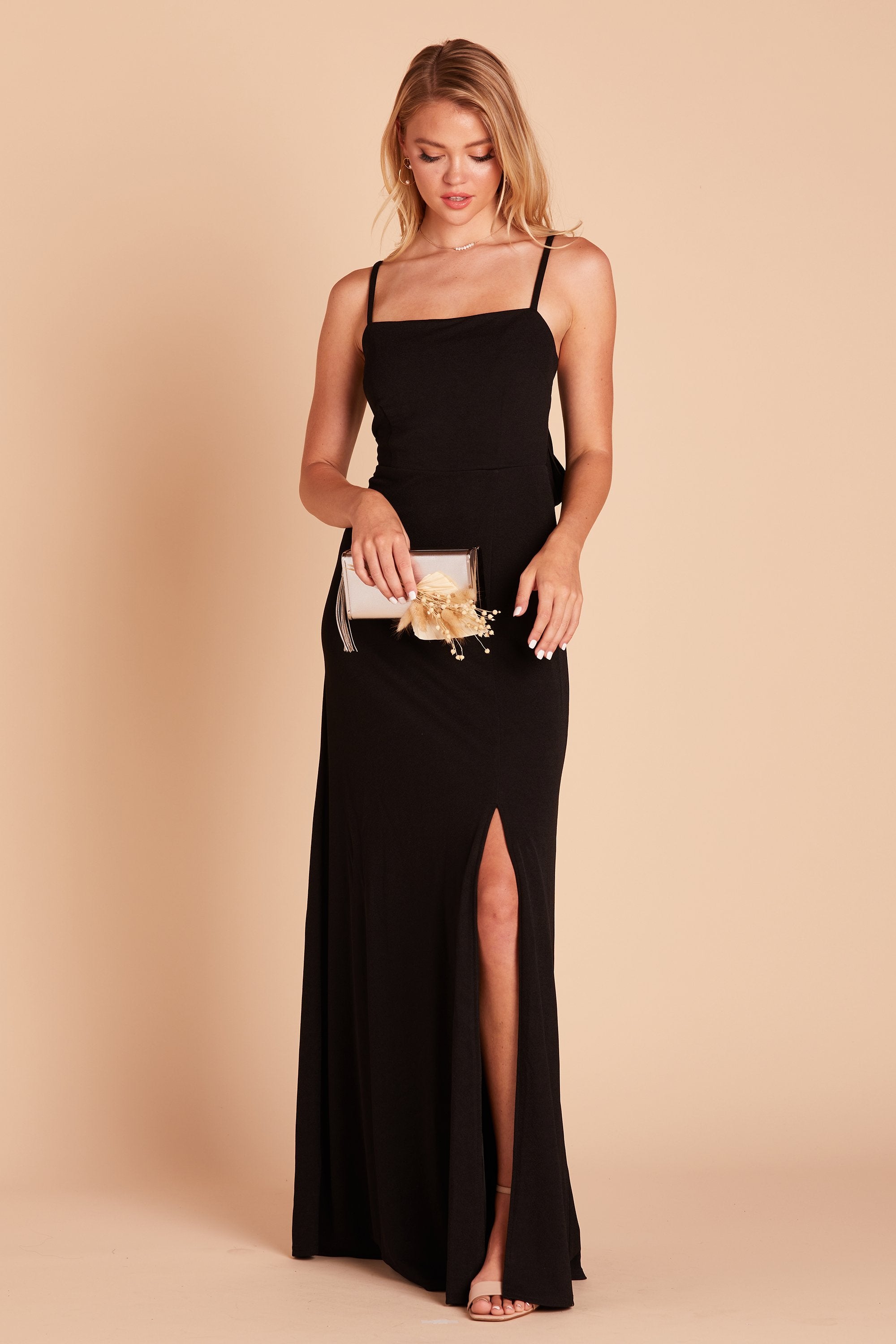 Benny bridesmaid dress with slit in black crepe by Birdy Grey, front view