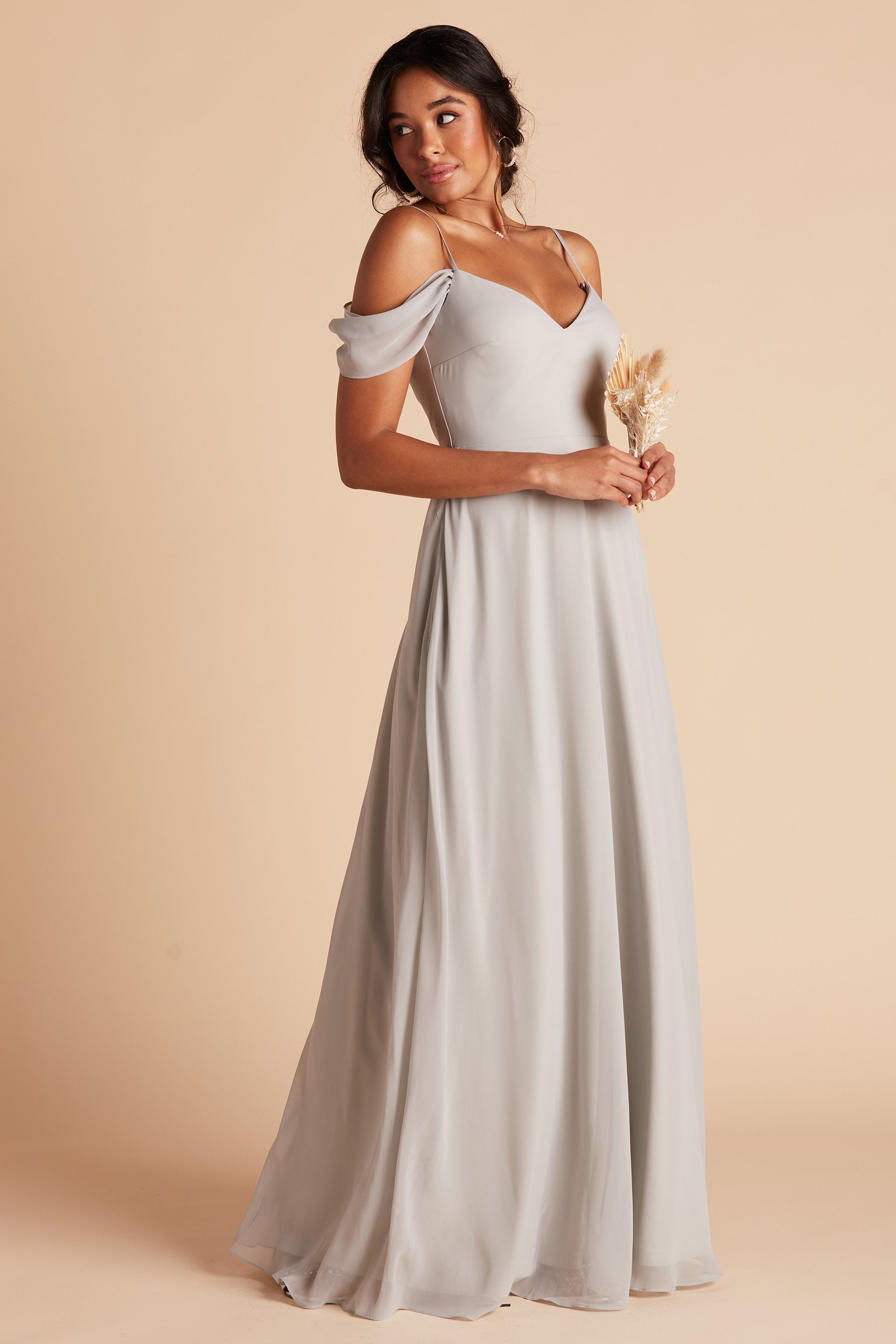 Devin convertible bridesmaid dress with slit in dove gray chiffon by Birdy Grey, side view