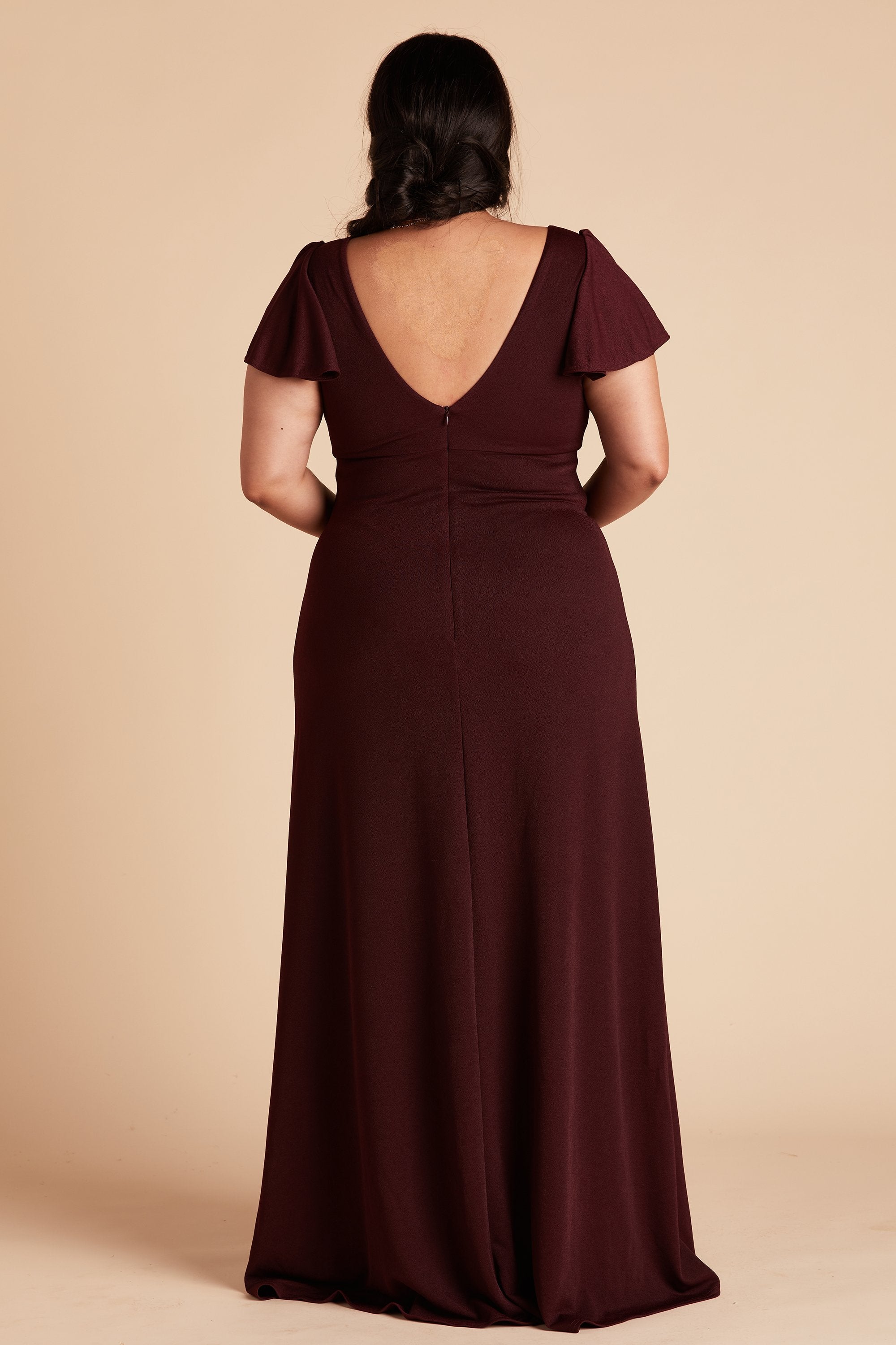 Hannah plus size bridesmaid dress with slit in cabernet burgundy crepe by Birdy Grey, back view