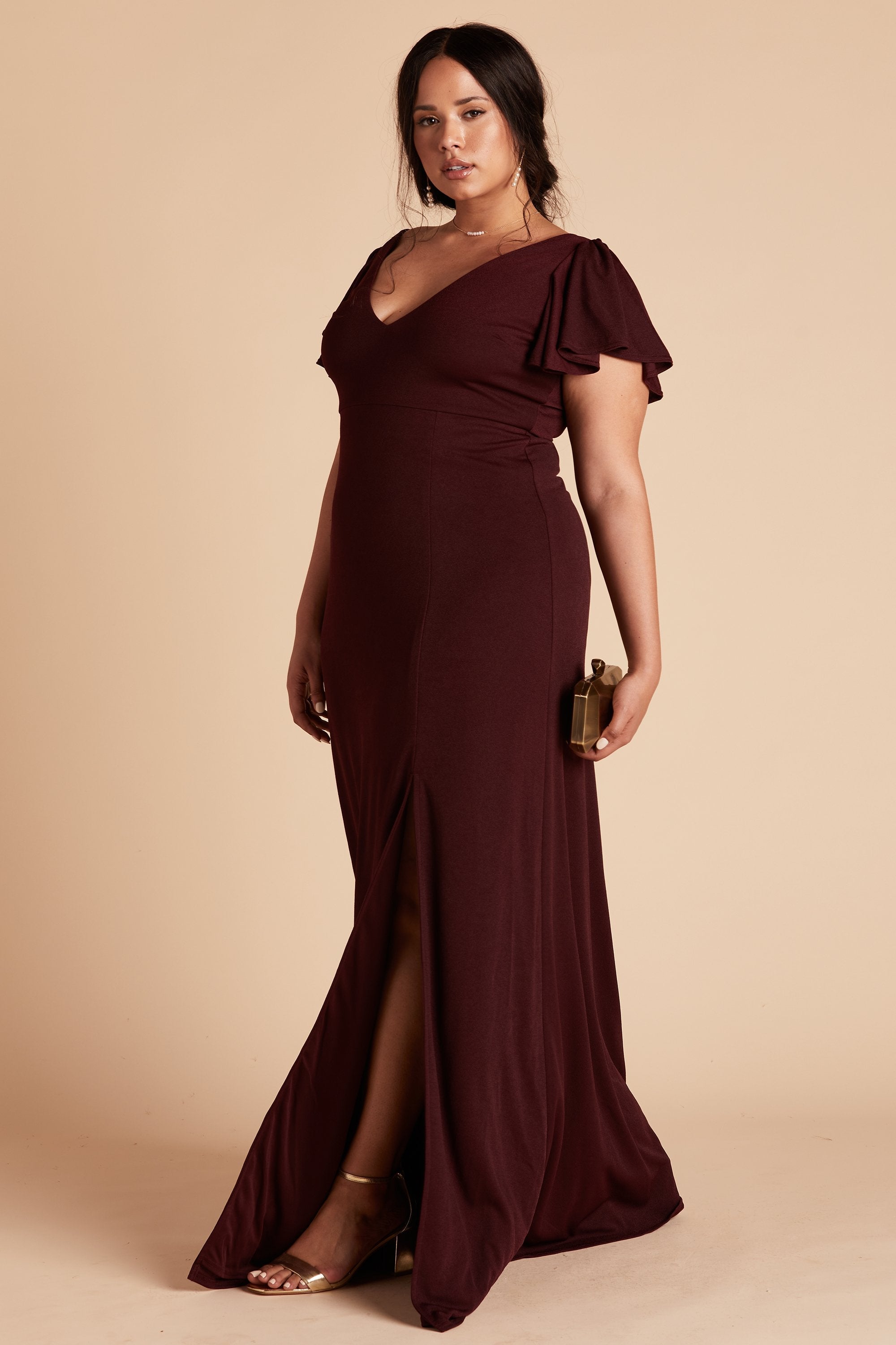 Hannah plus size bridesmaid dress with slit in cabernet burgundy crepe by Birdy Grey, front view