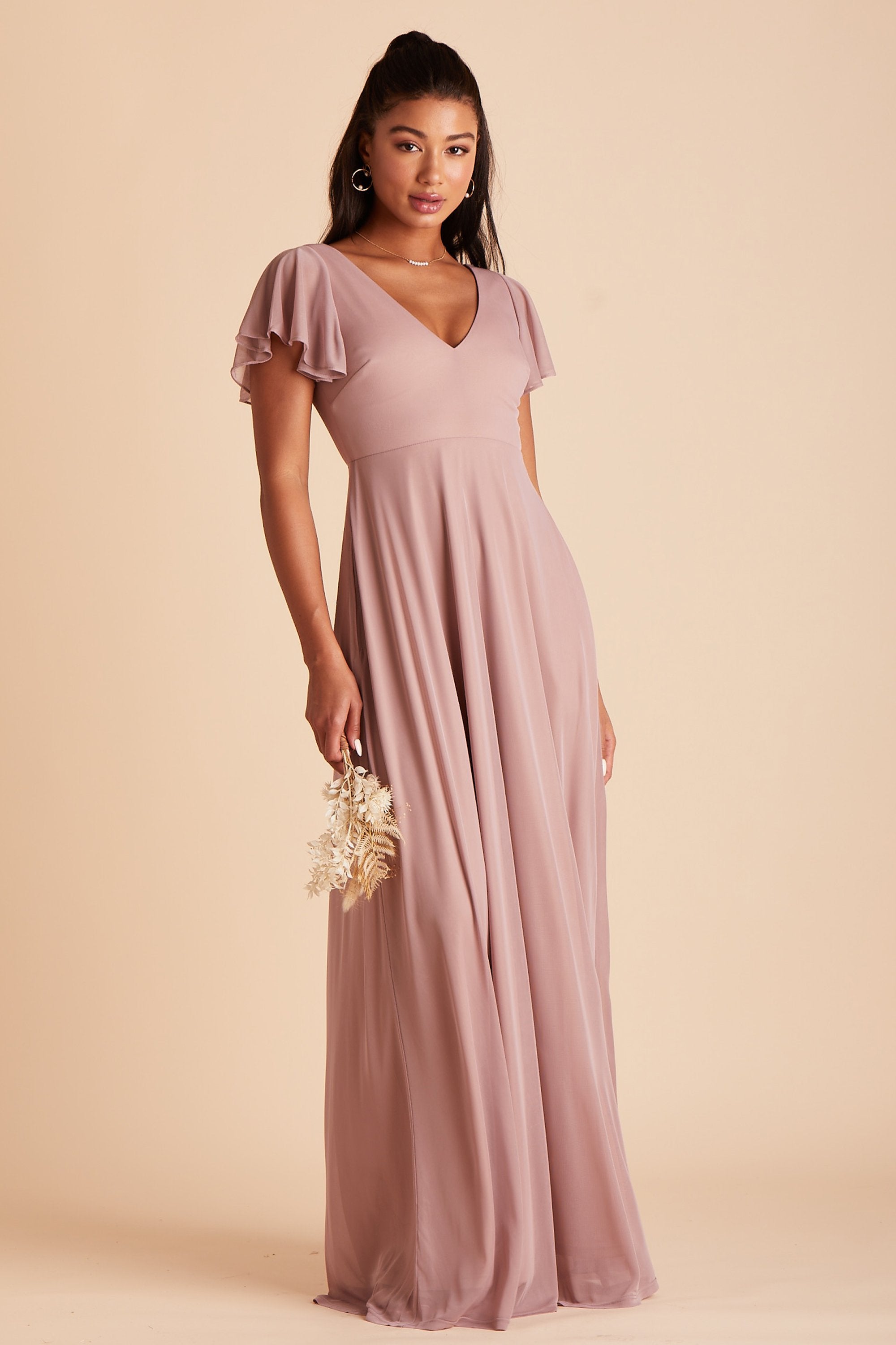 Hannah bridesmaids dress in mauve chiffon by Birdy Grey, front view